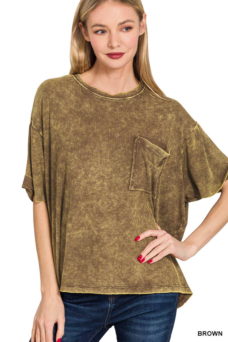 Washed Ribbed Cuffed Short Sleeve Round Neck Top