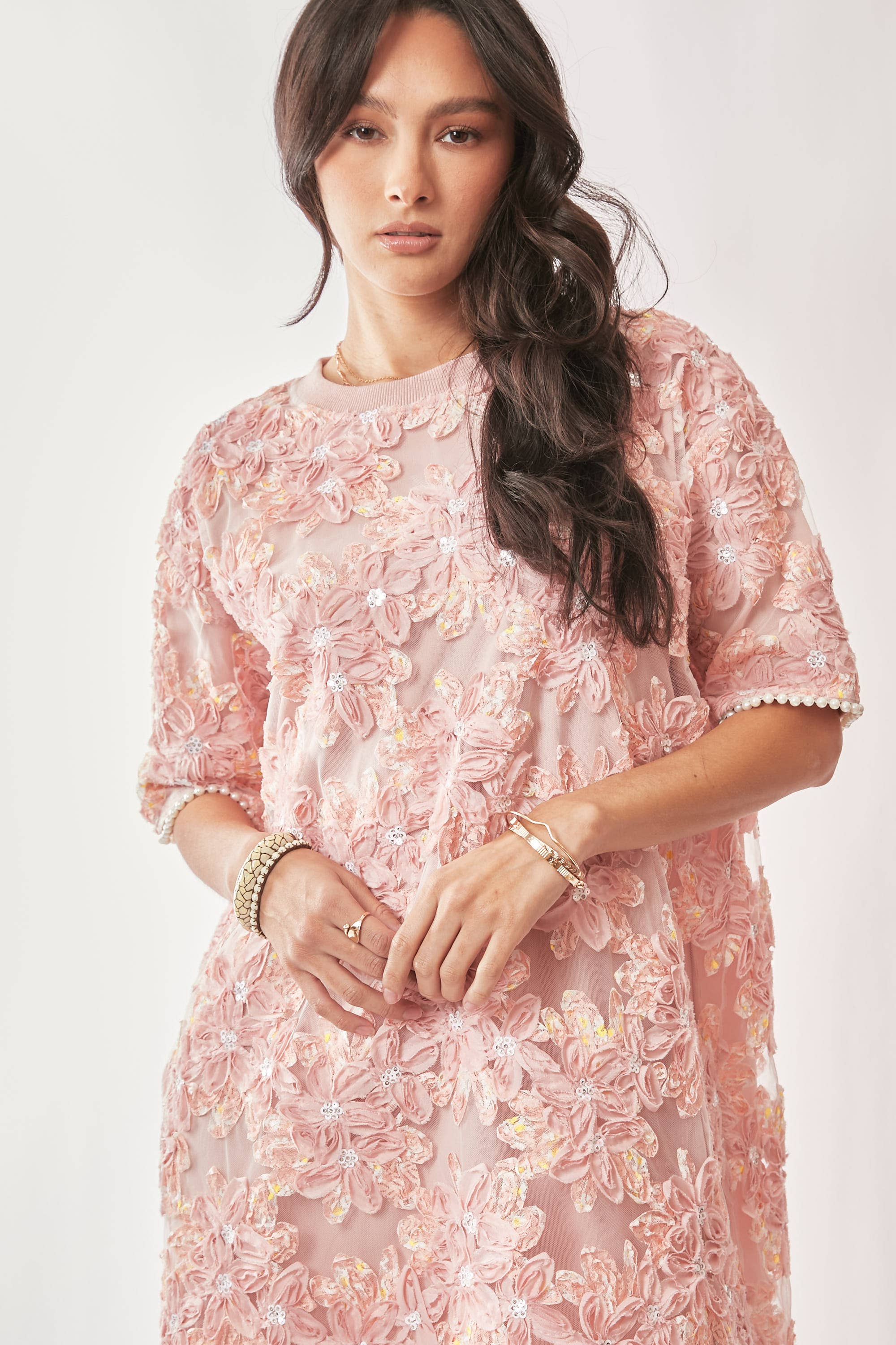 FLORAL EMBROIDERY SEQUINED MESH MINI DRESS
