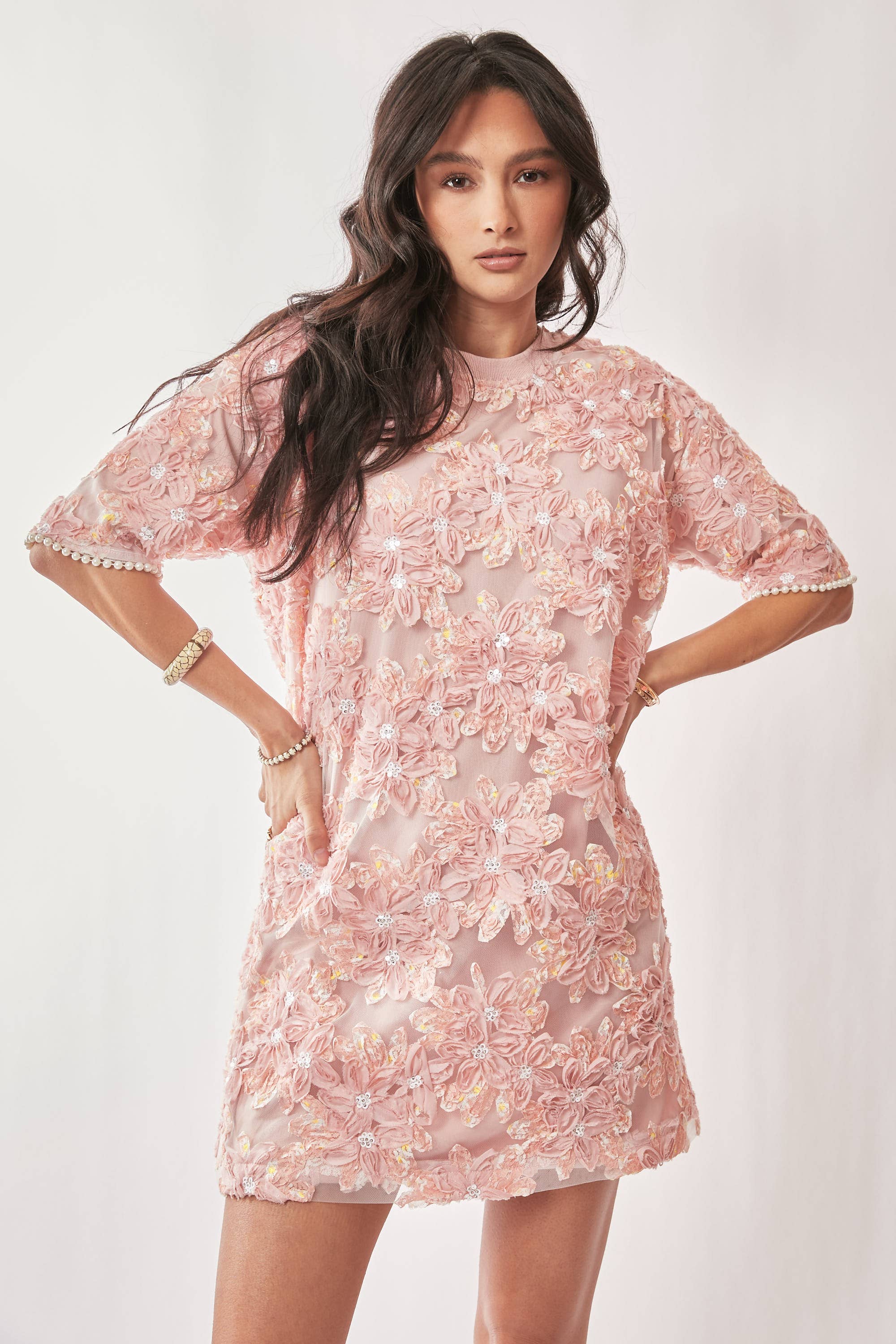FLORAL EMBROIDERY SEQUINED MESH MINI DRESS