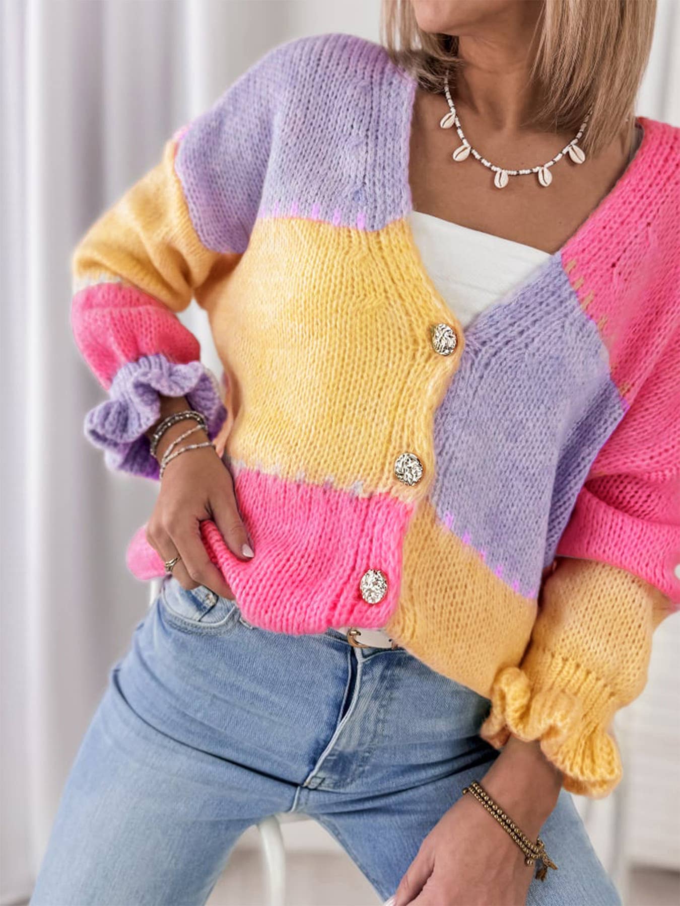 Pastel Colorblock Ruffle Cardigan