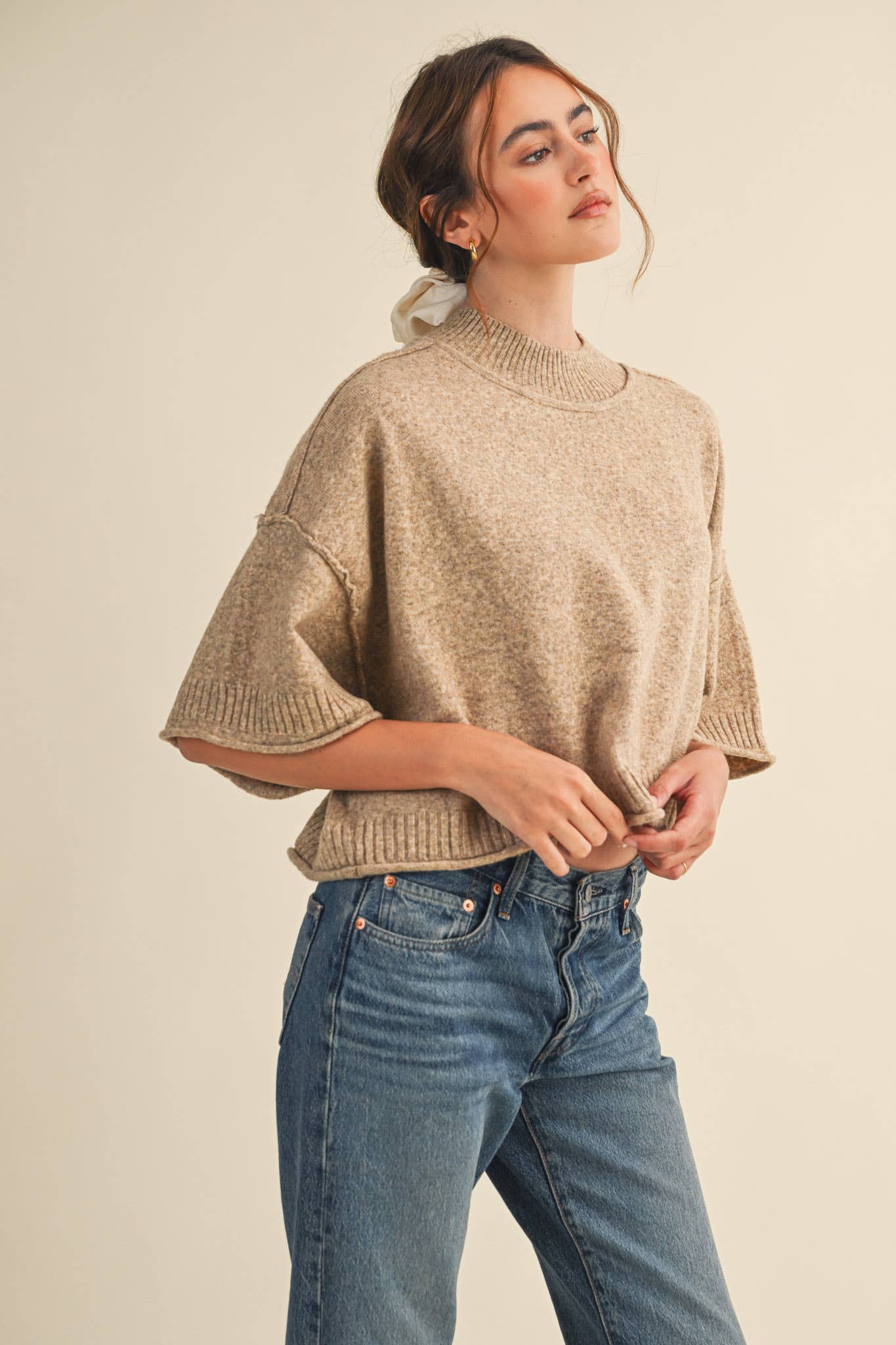 MARLED KNIT MOCK NECK SHORT SLEEVE SWEATER