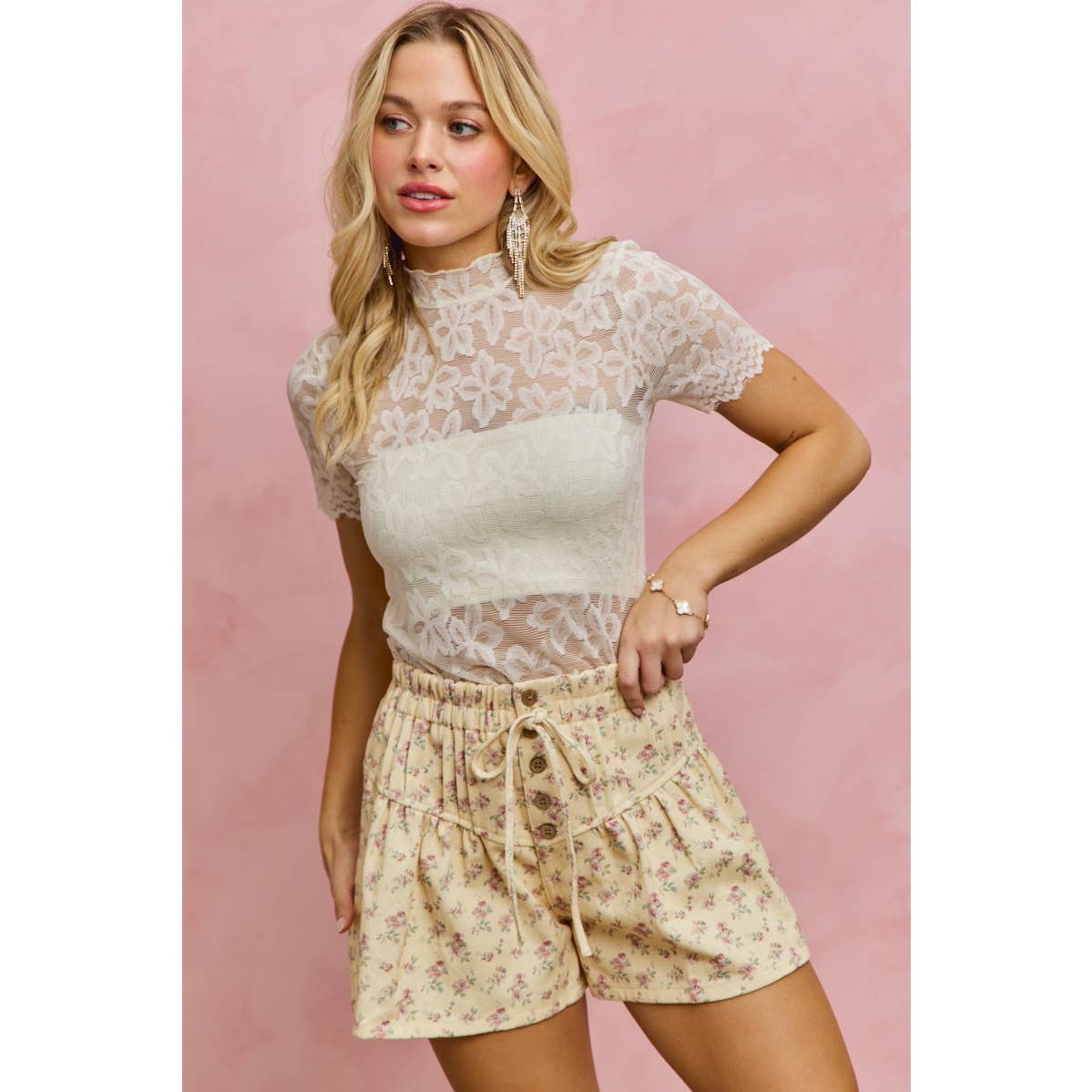 SHEER FLORAL LACE SHORT SLEEVES LAYERING KNIT TOP