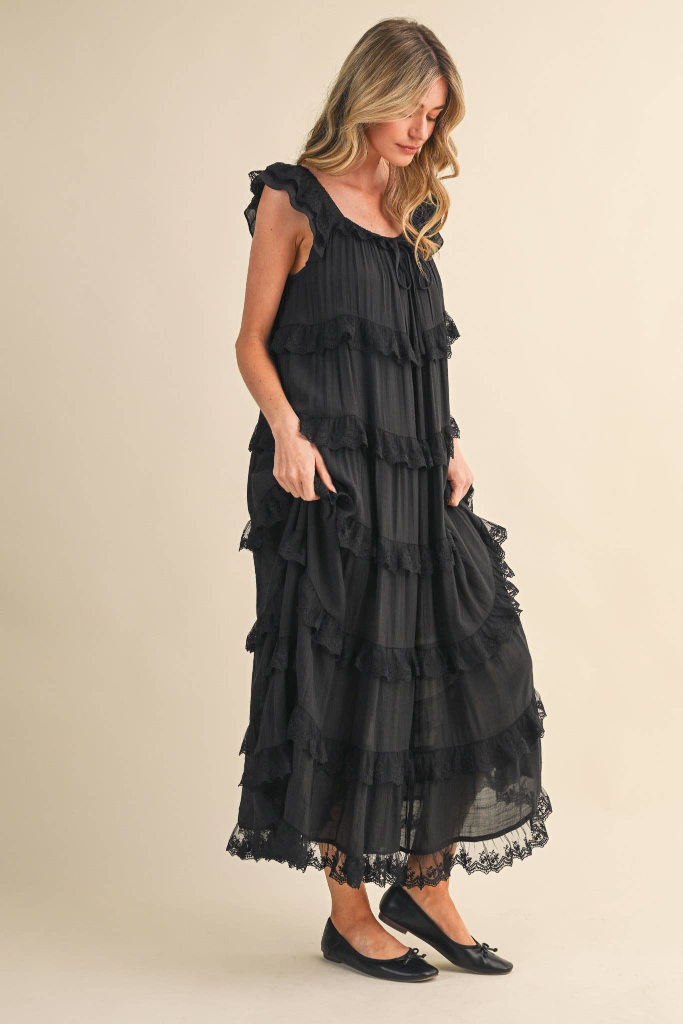 Tiered Lace Trim Maxi Dress