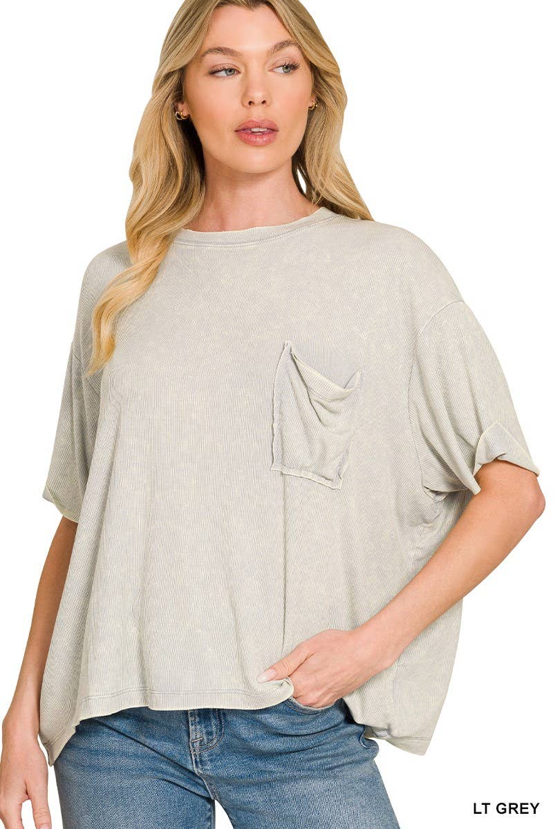 Washed Ribbed Cuffed Short Sleeve Round Neck Top