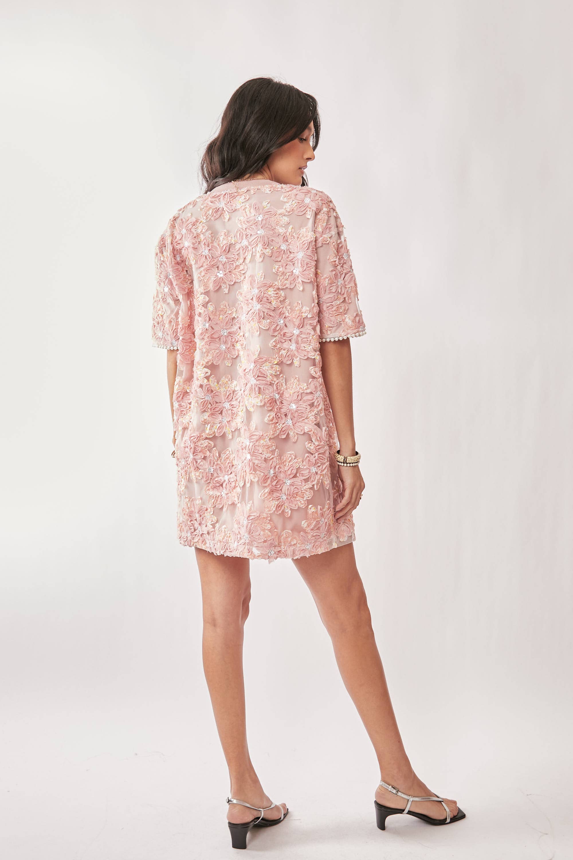 FLORAL EMBROIDERY SEQUINED MESH MINI DRESS