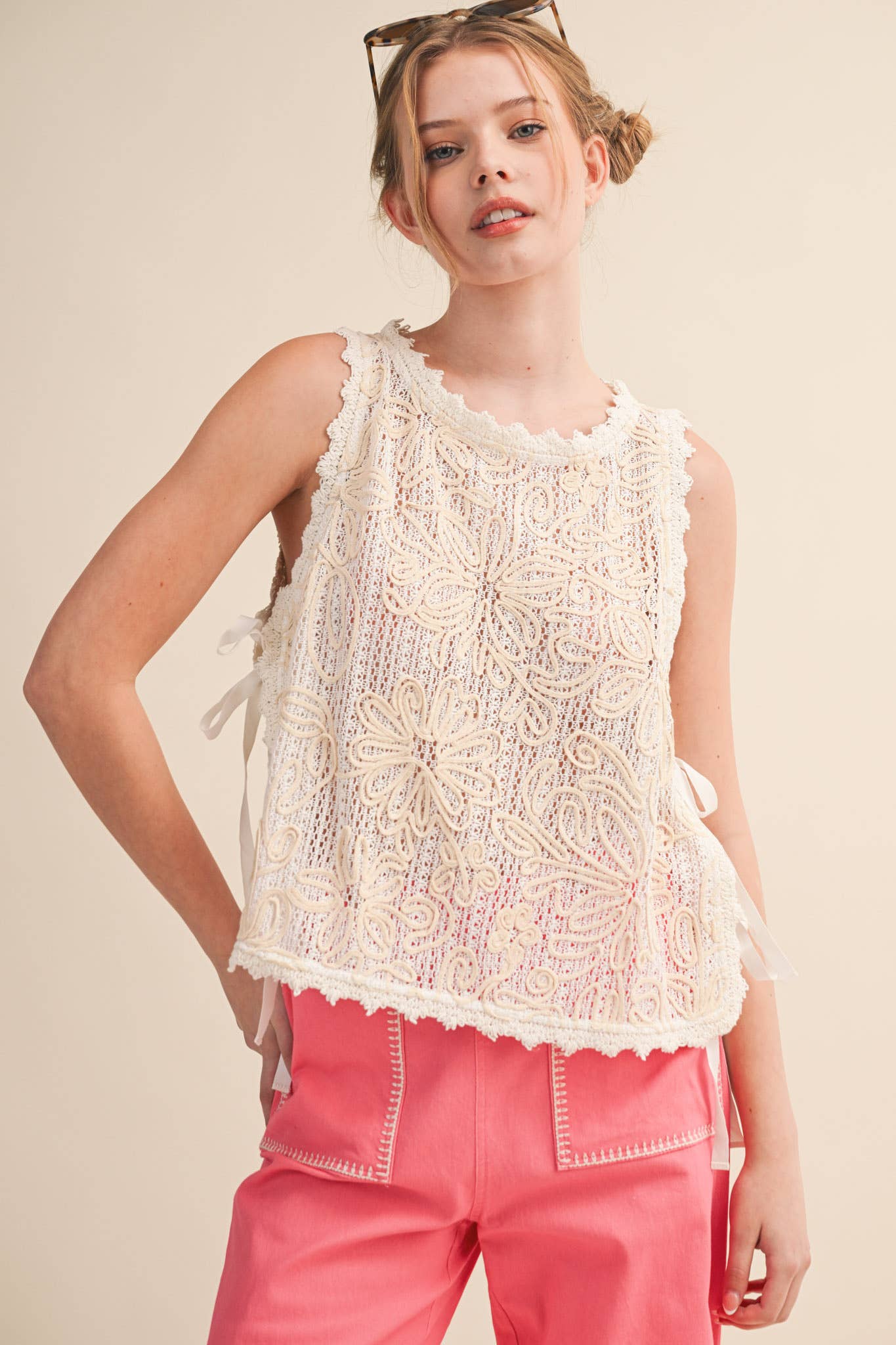 FLORAL CROCHET TANK WITH SIDE TYING DETAIL