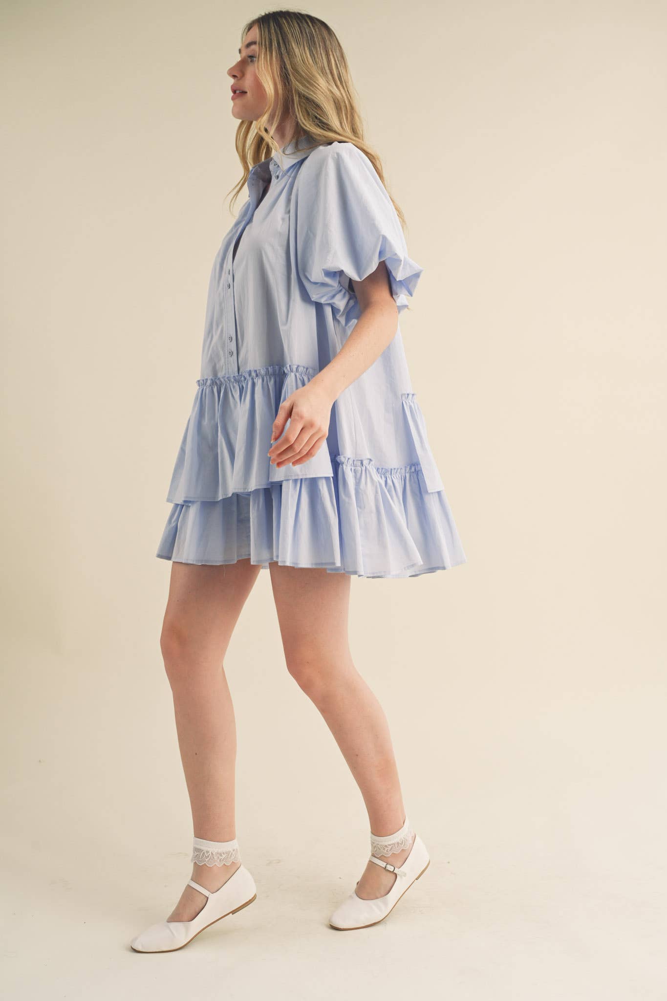 Bubble Sleeve Button Down Babydoll Dress