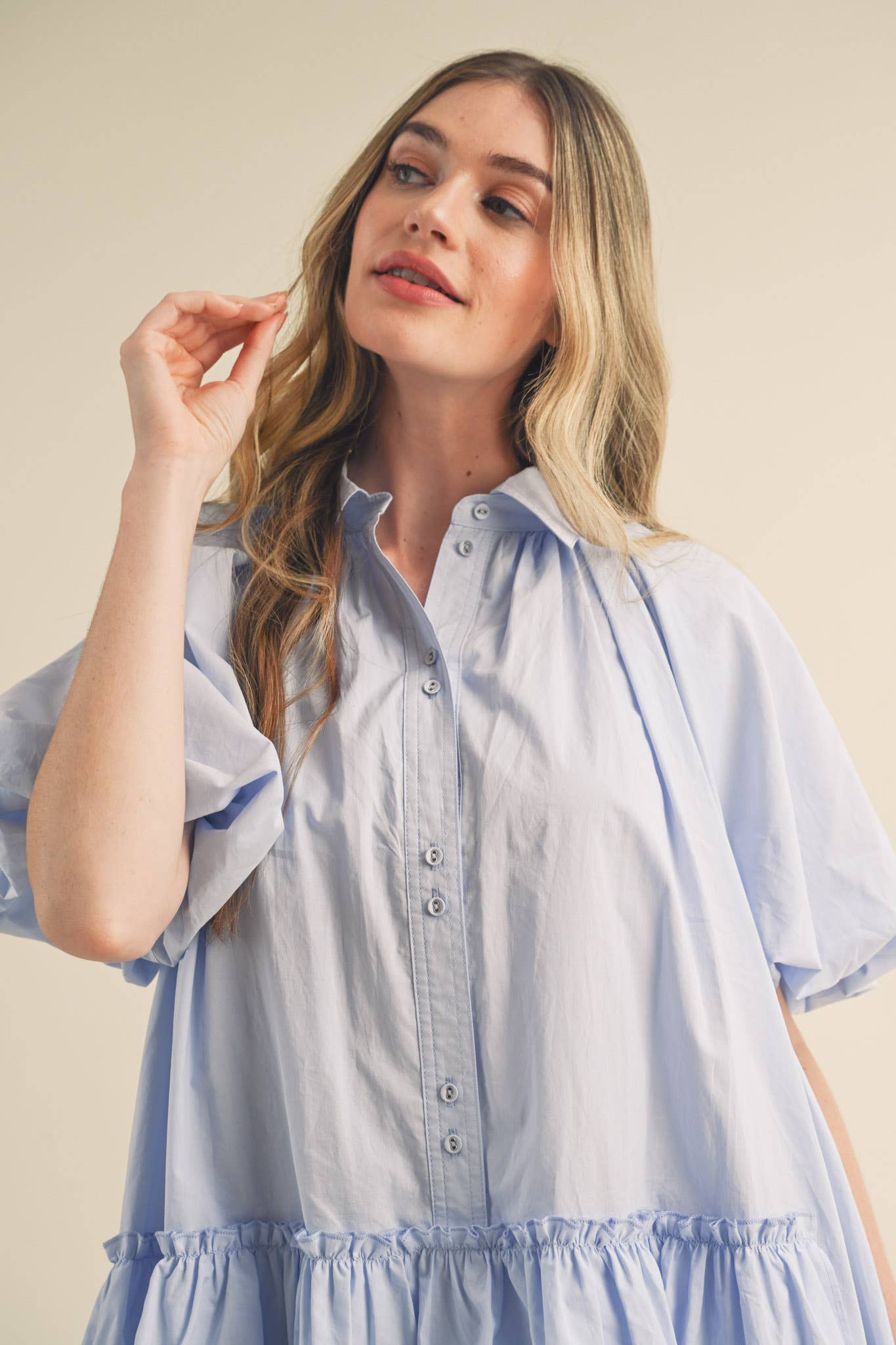 Bubble Sleeve Button Down Babydoll Dress
