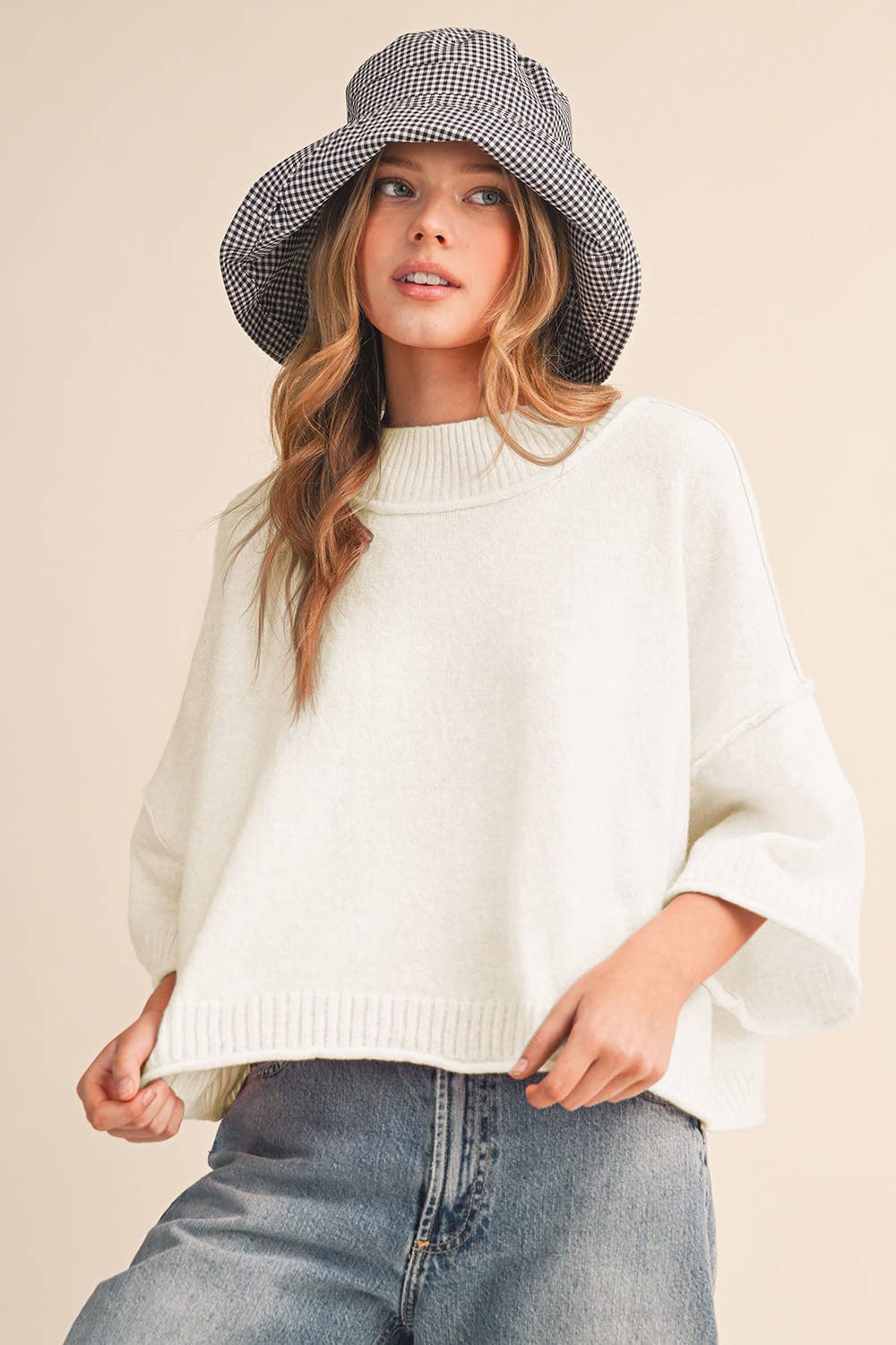 MARLED KNIT MOCK NECK SHORT SLEEVE SWEATER