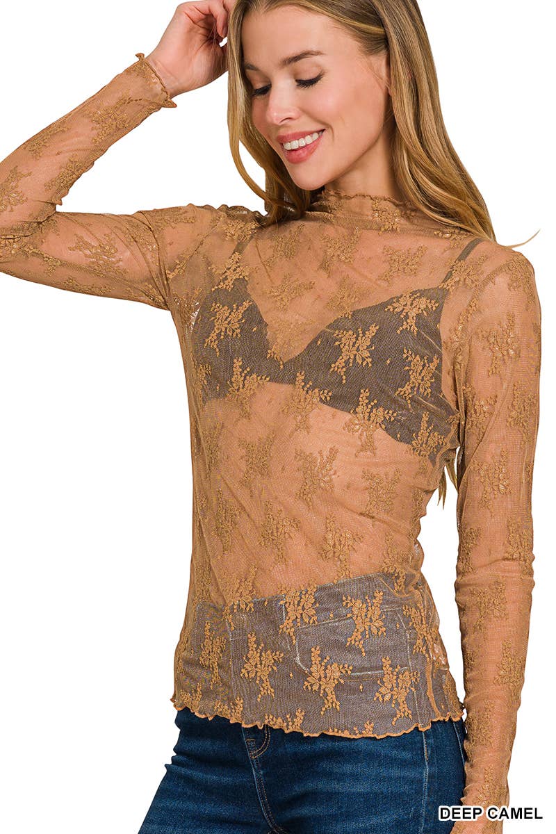 “Lace Allure” Mock Neck Mesh Top