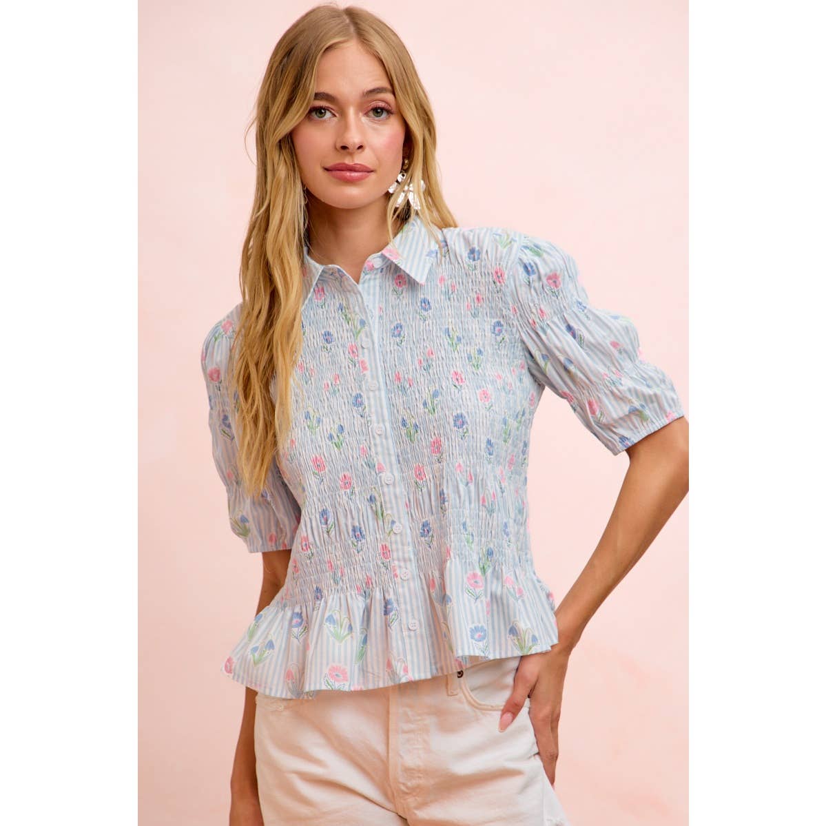 STRIPES AND FLORAL SHORT SLEEVE SHIRRED BLOUSE TOP