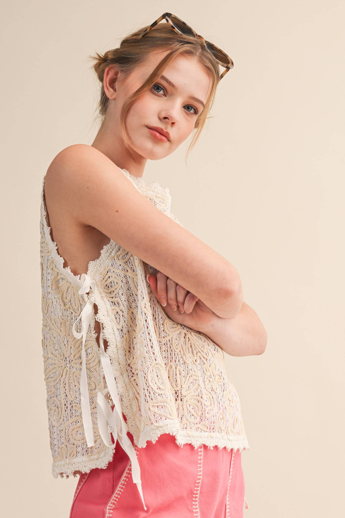 FLORAL CROCHET TANK WITH SIDE TYING DETAIL