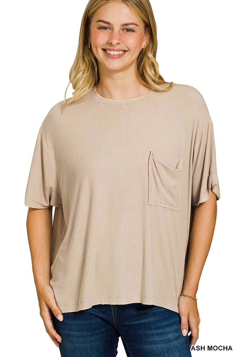 Washed Ribbed Cuffed Short Sleeve Round Neck Top