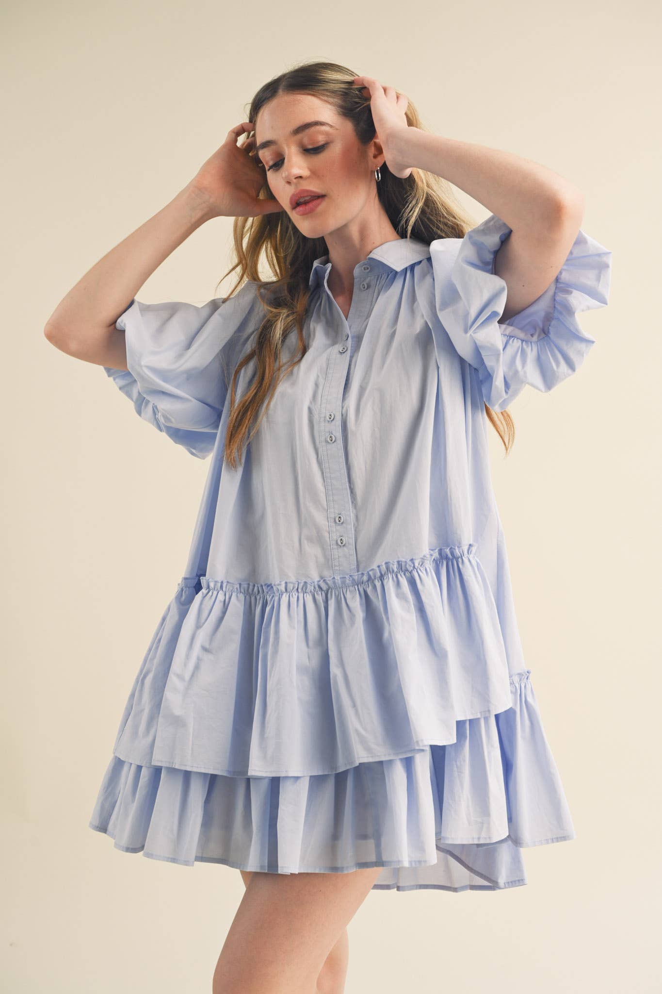 Bubble Sleeve Button Down Babydoll Dress