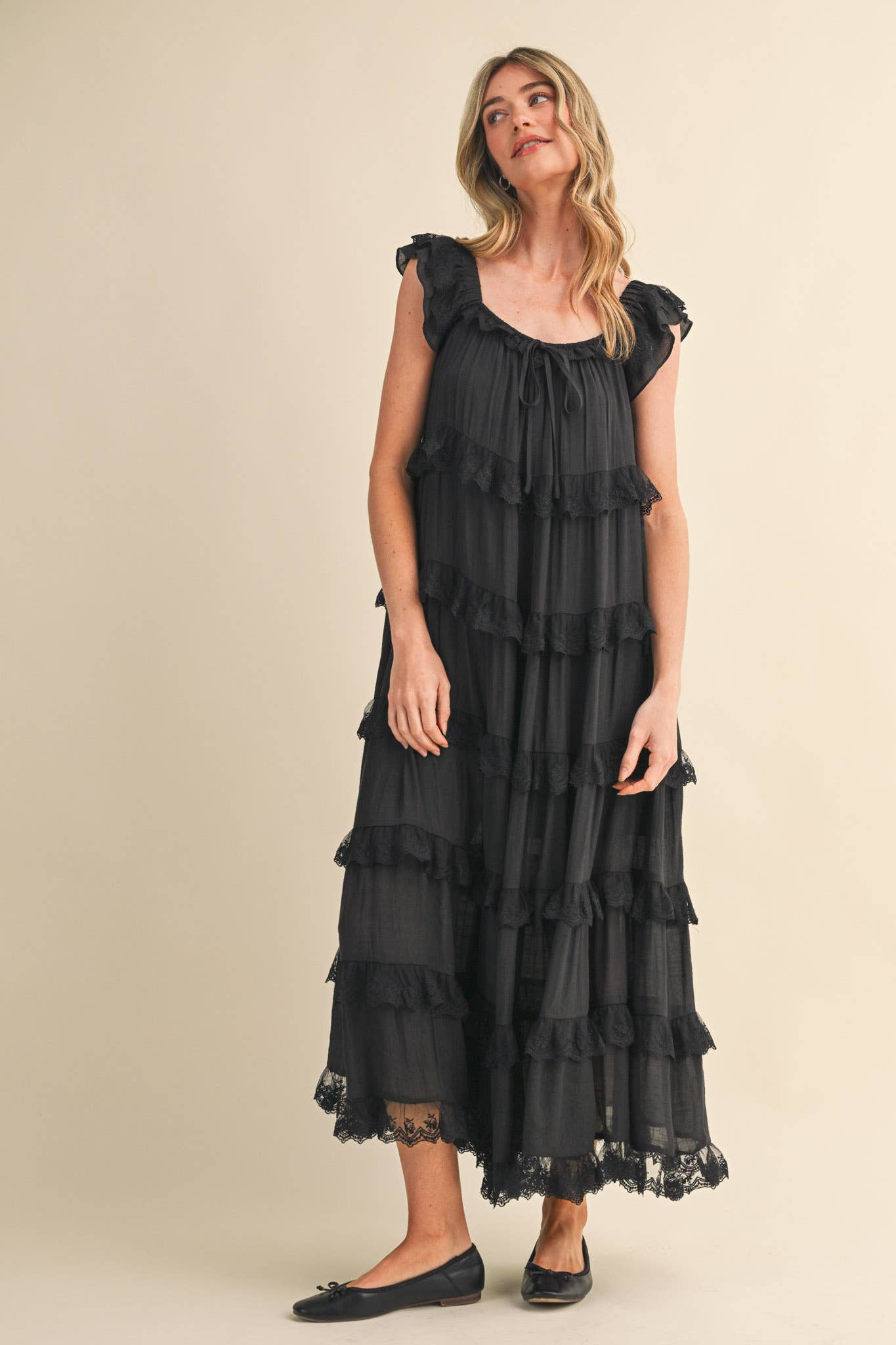 Tiered Lace Trim Maxi Dress