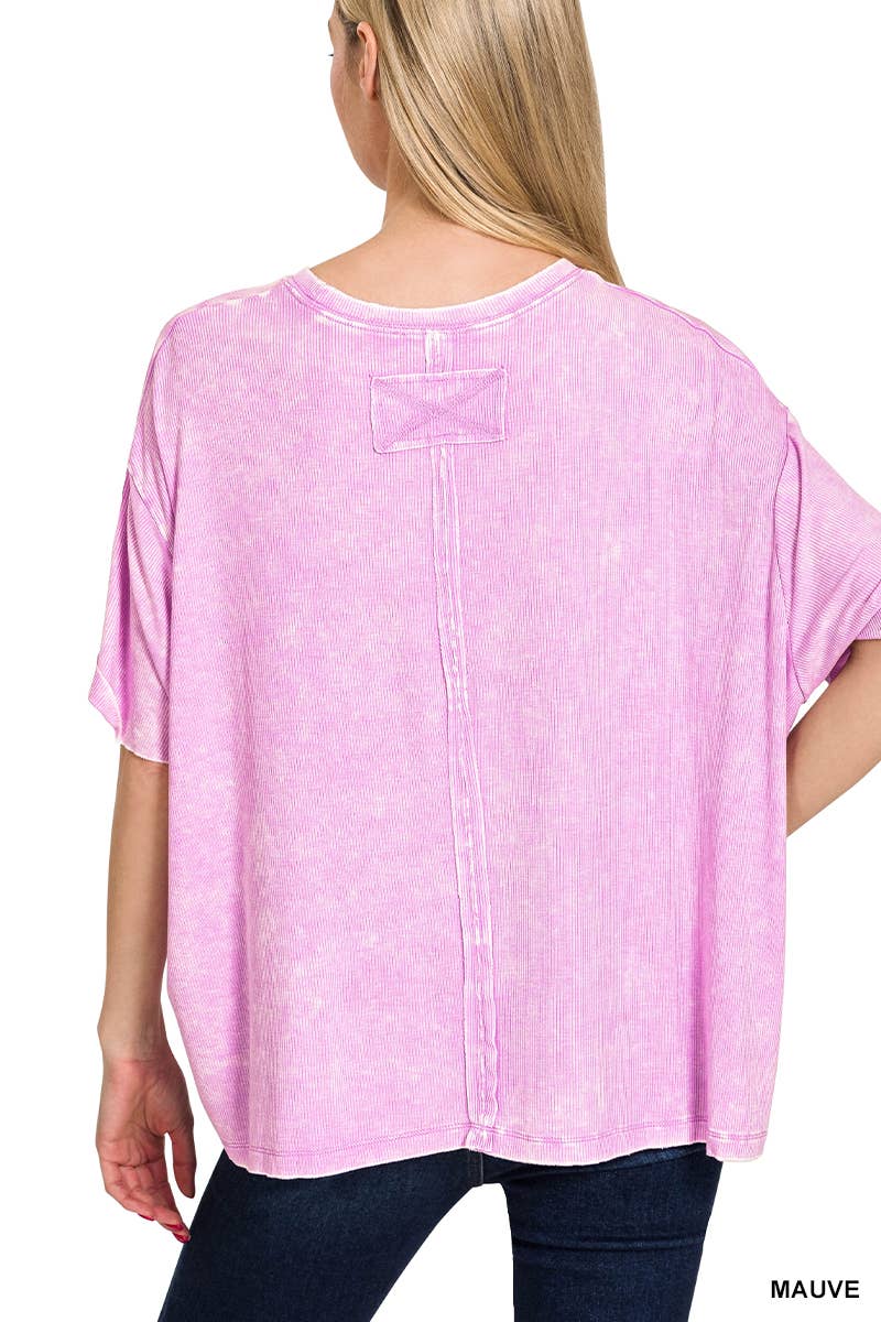 Washed Ribbed Cuffed Short Sleeve Round Neck Top