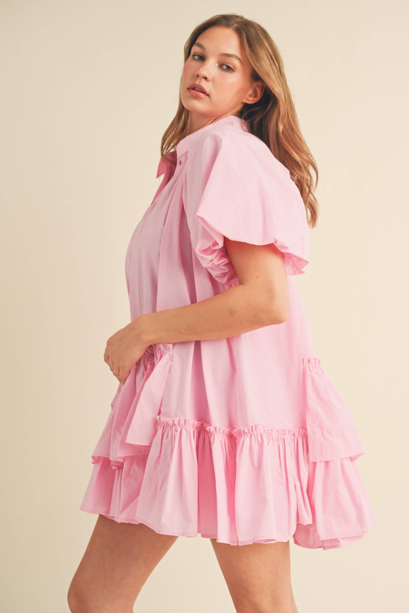 Bubble Sleeve Button Down Babydoll Dress