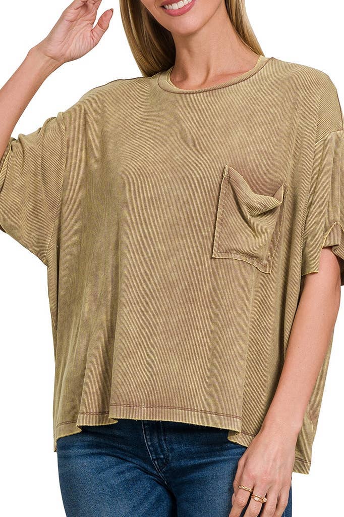 Washed Ribbed Cuffed Short Sleeve Round Neck Top