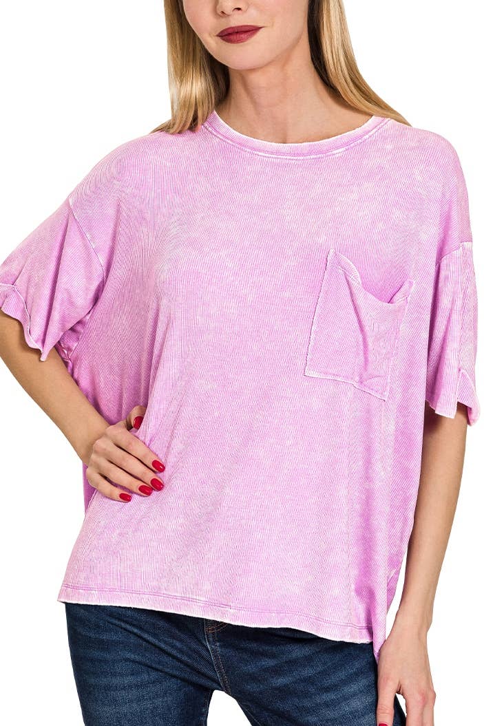 Washed Ribbed Cuffed Short Sleeve Round Neck Top