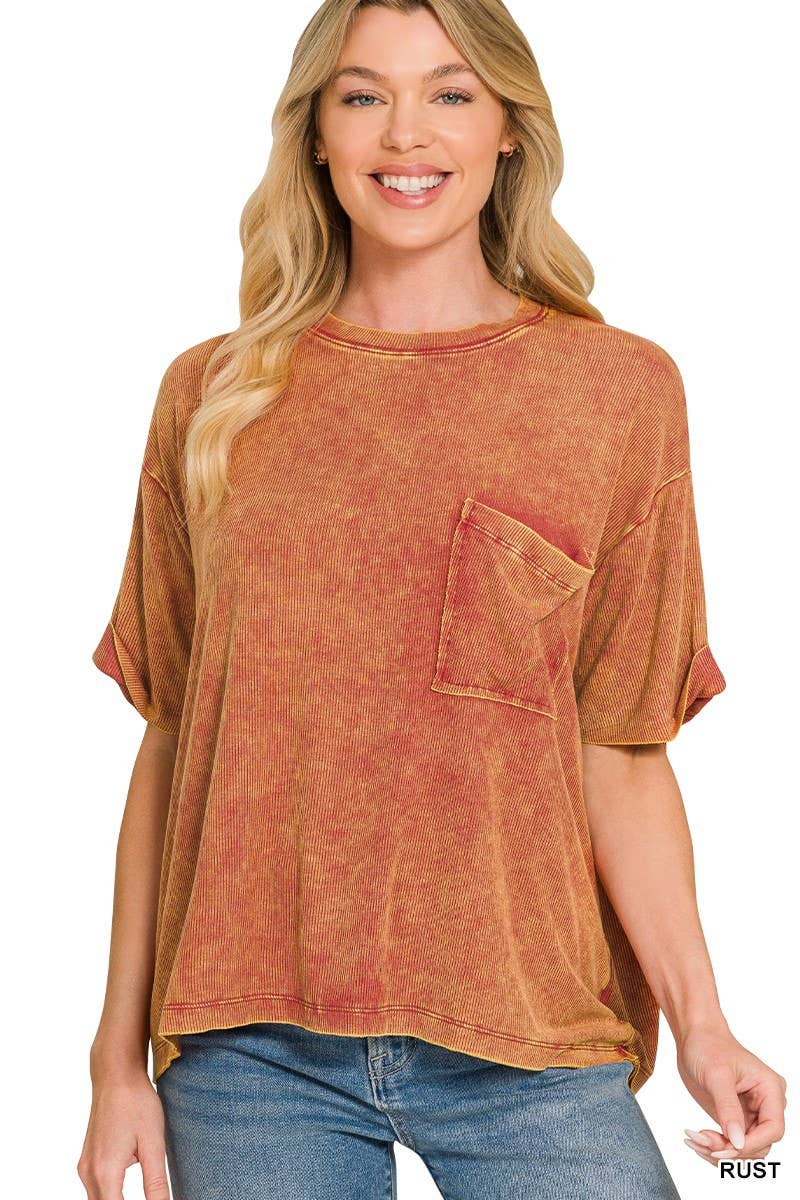 Washed Ribbed Cuffed Short Sleeve Round Neck Top
