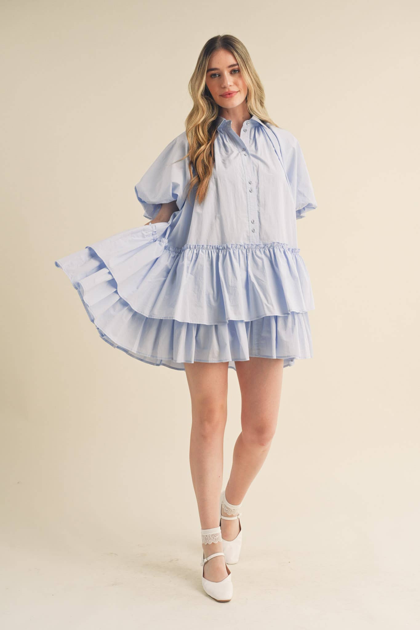 Bubble Sleeve Button Down Babydoll Dress