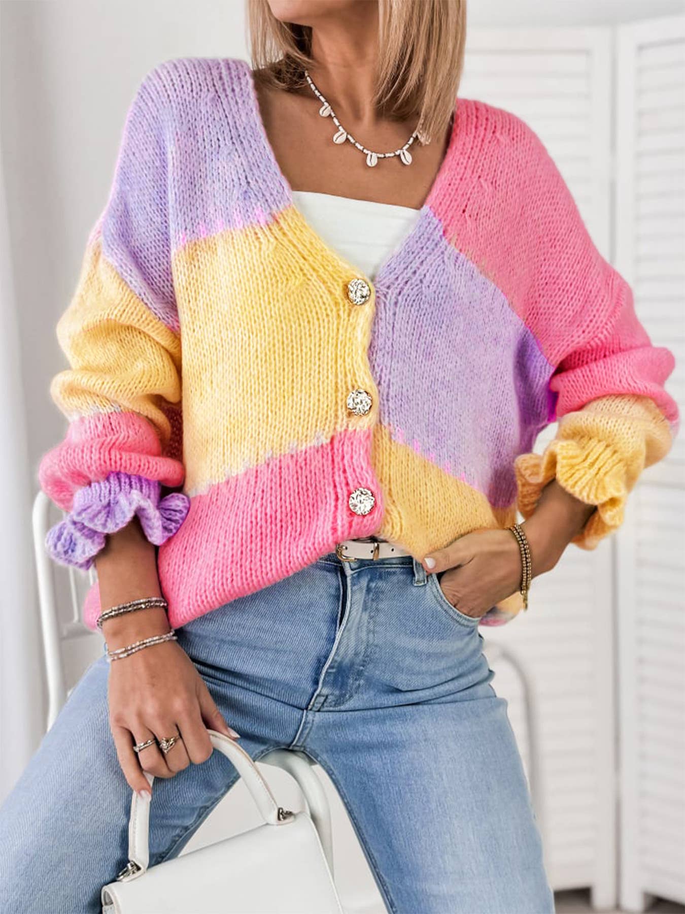Pastel Colorblock Ruffle Cardigan
