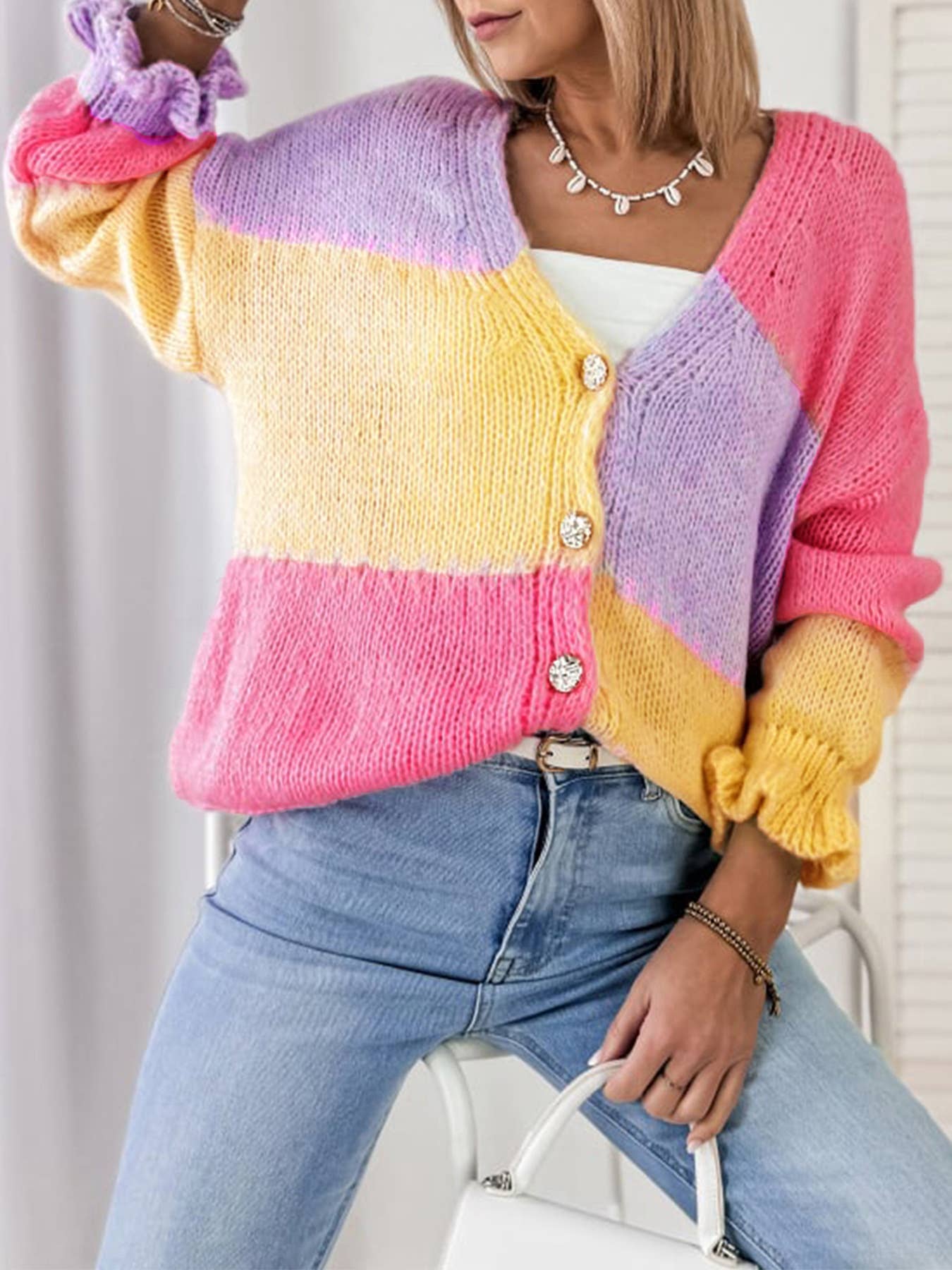 Pastel Colorblock Ruffle Cardigan