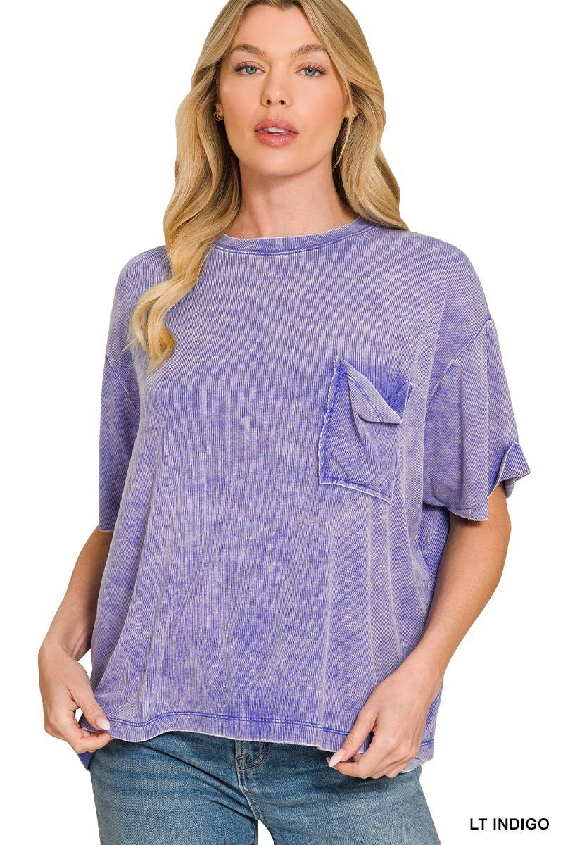 Washed Ribbed Cuffed Short Sleeve Round Neck Top