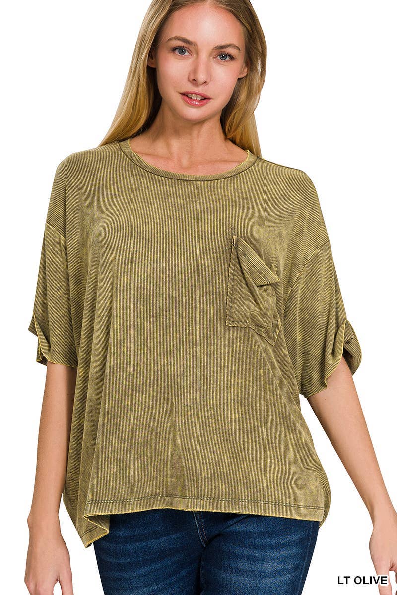 Washed Ribbed Cuffed Short Sleeve Round Neck Top