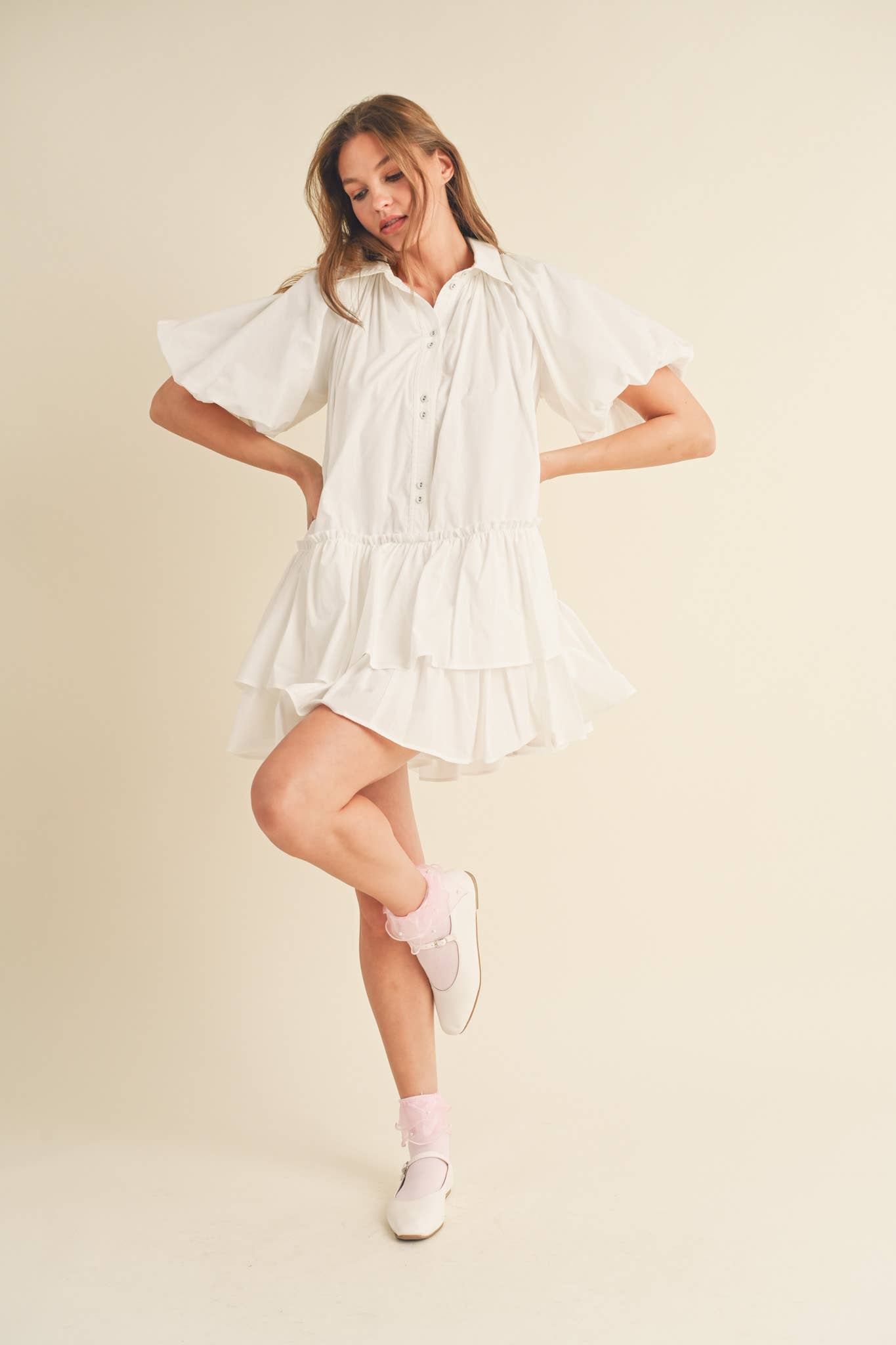 Bubble Sleeve Button Down Babydoll Dress