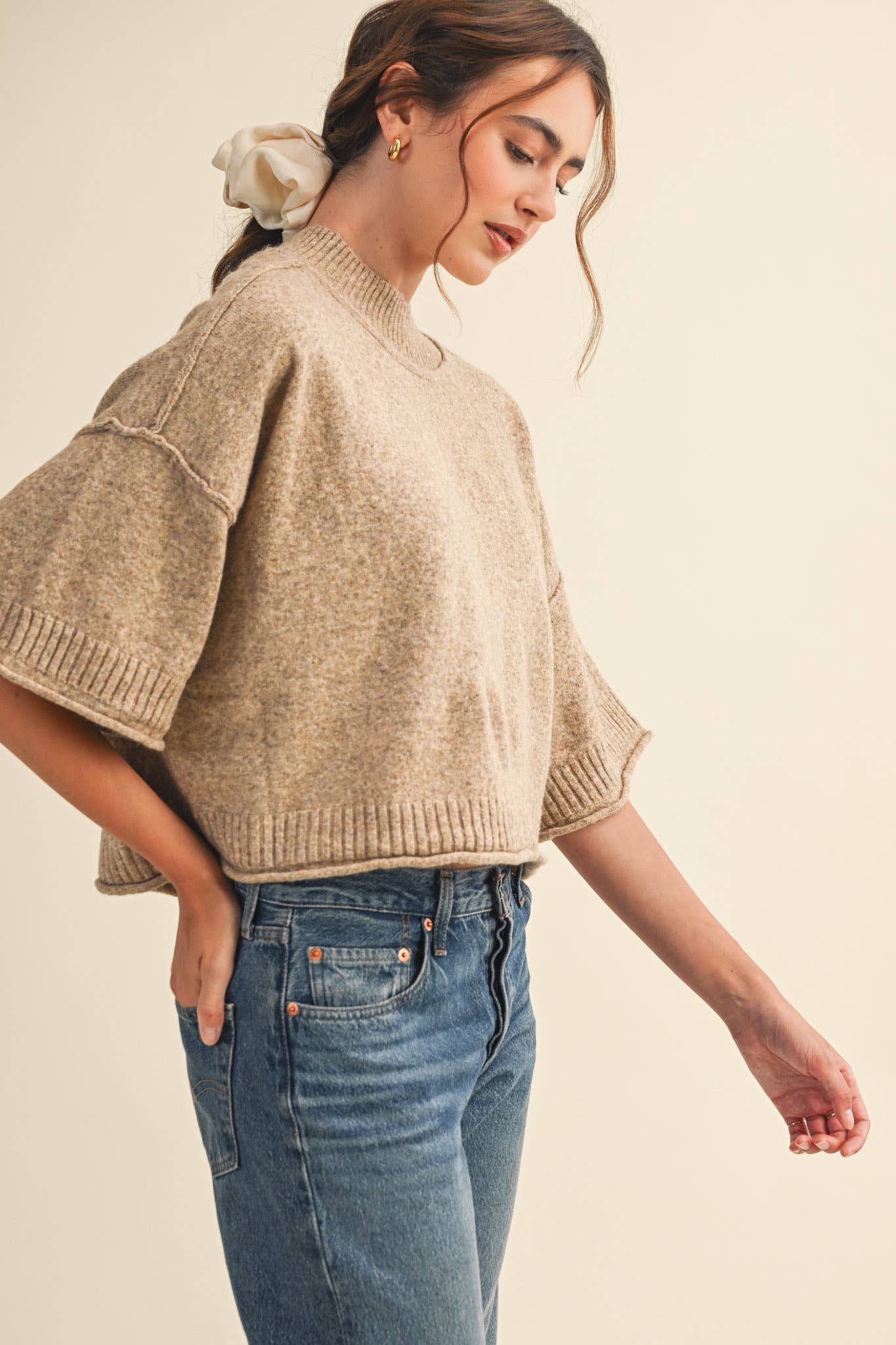 MARLED KNIT MOCK NECK SHORT SLEEVE SWEATER