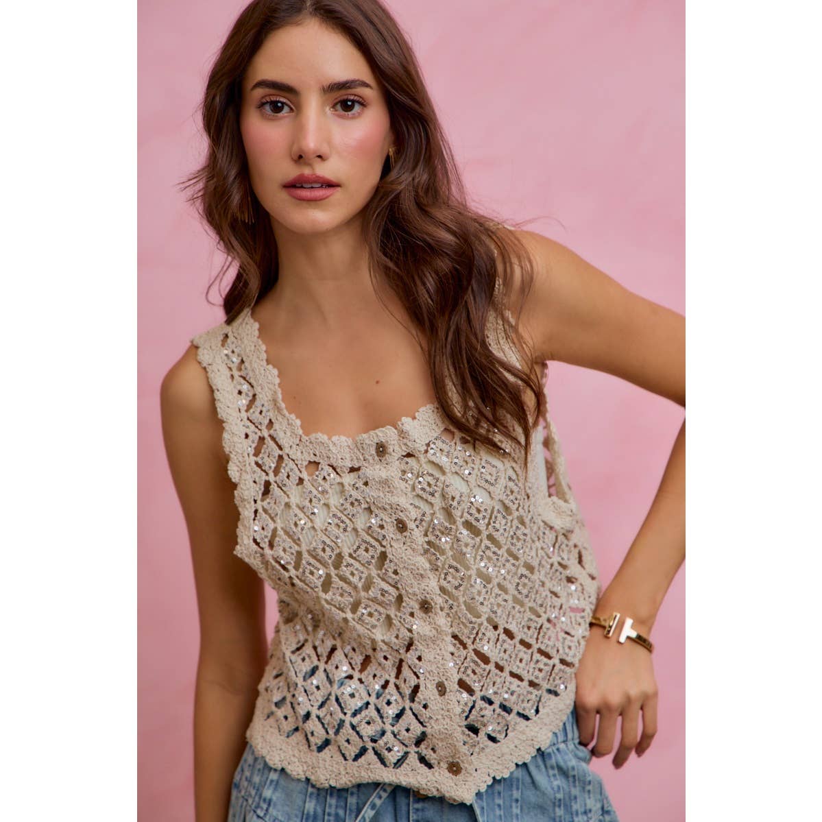SEQUINS EMBELLISHED DIAMOND CROCHET LACE VEST TOP
