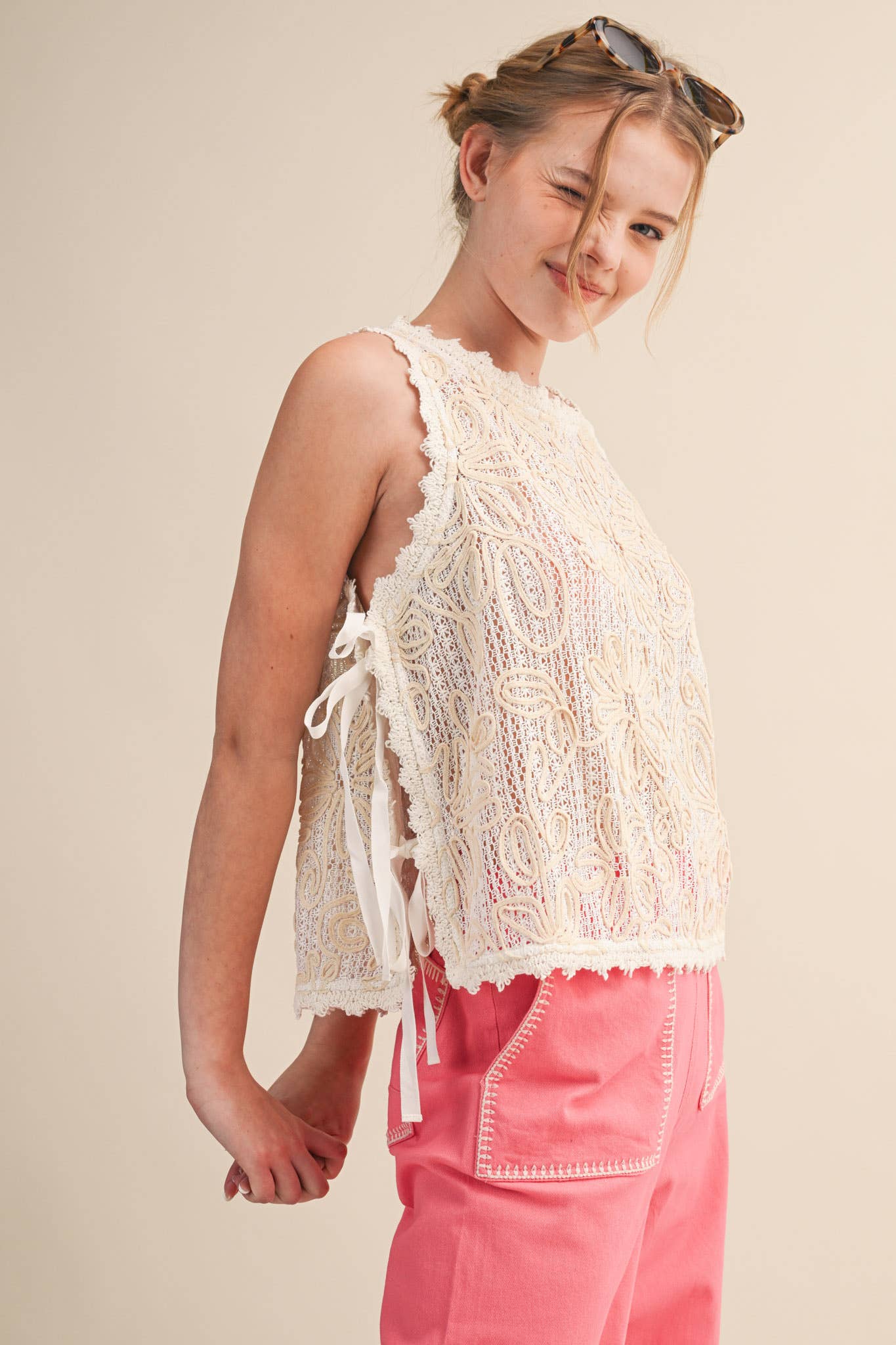 FLORAL CROCHET TANK WITH SIDE TYING DETAIL
