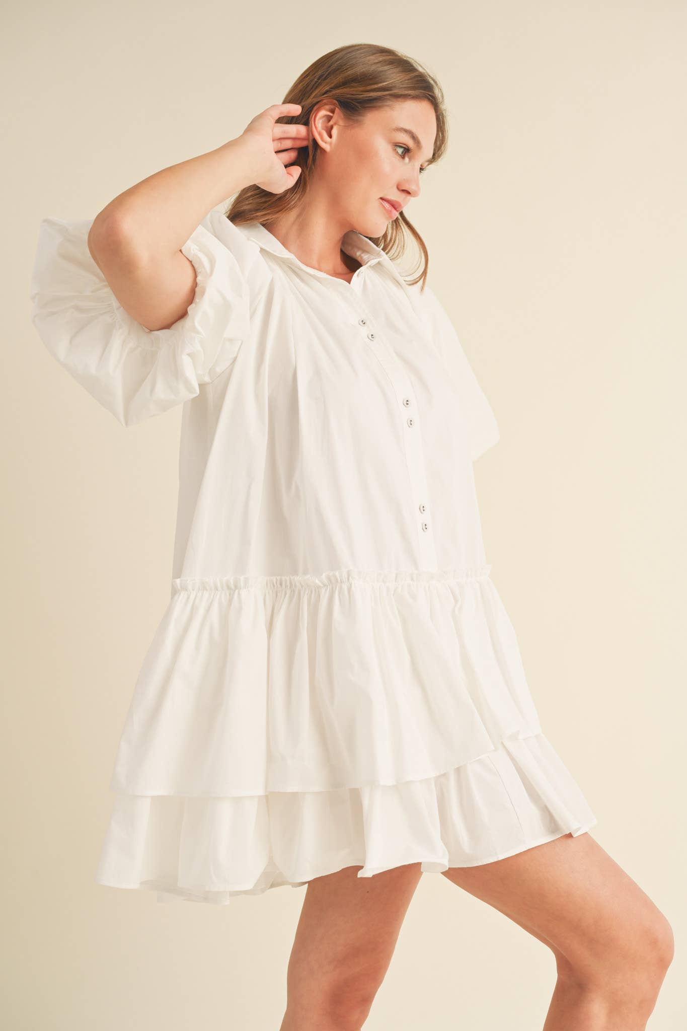 Bubble Sleeve Button Down Babydoll Dress