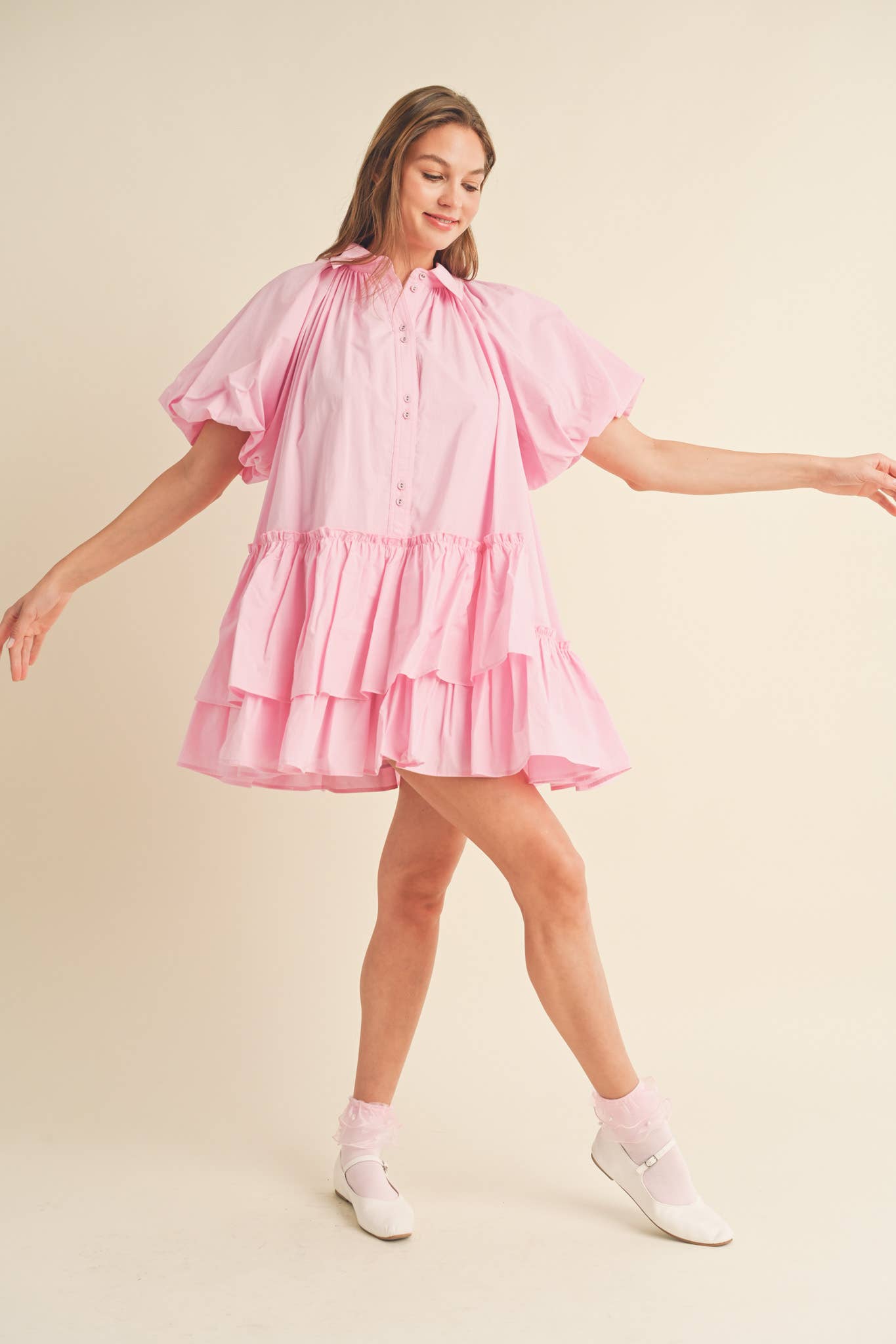 Bubble Sleeve Button Down Babydoll Dress