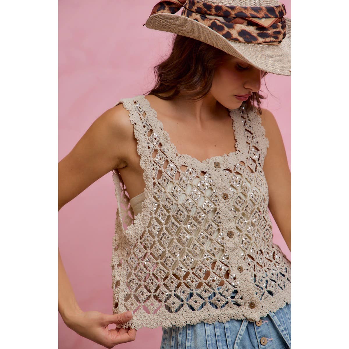 SEQUINS EMBELLISHED DIAMOND CROCHET LACE VEST TOP