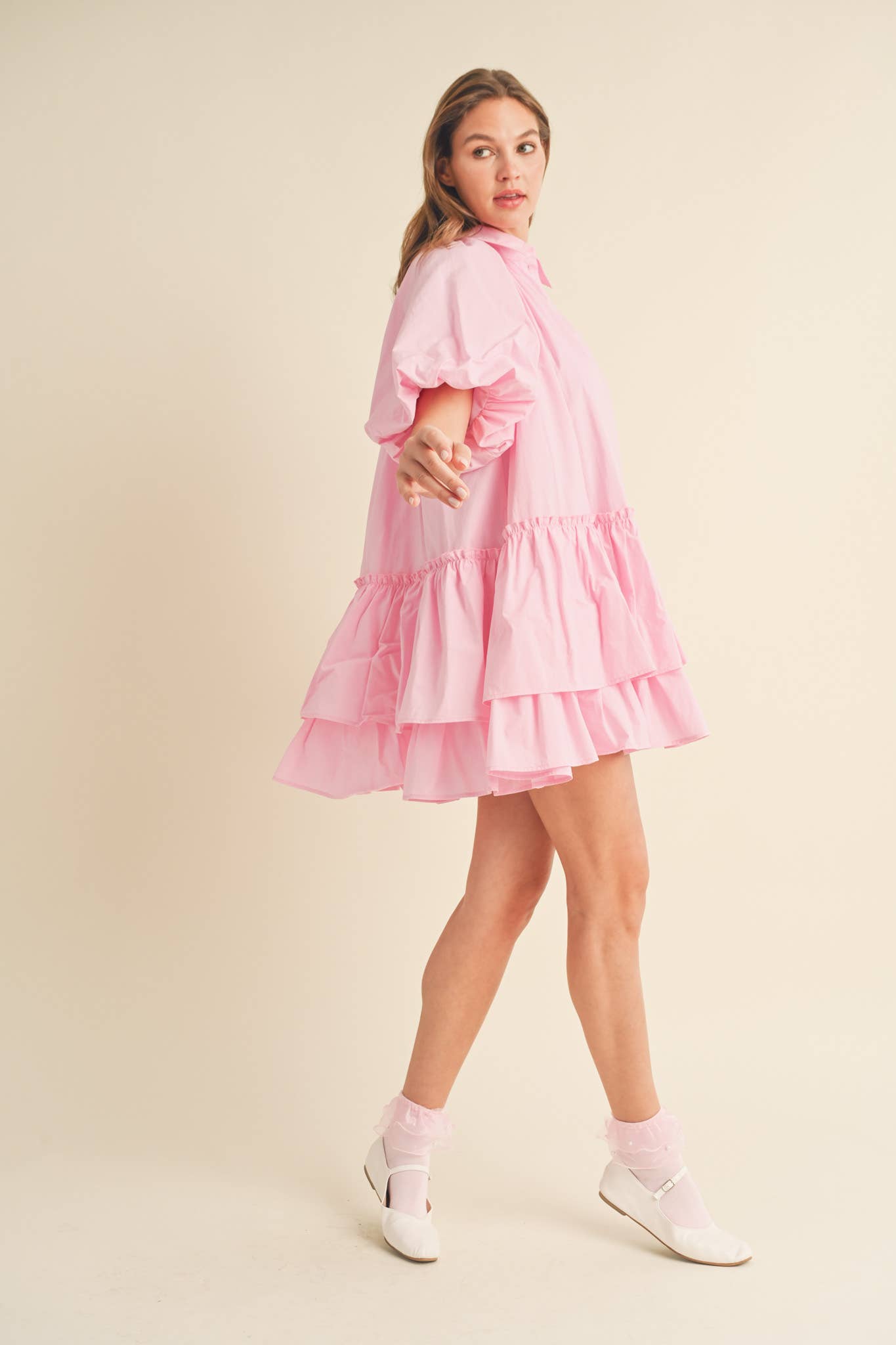 Bubble Sleeve Button Down Babydoll Dress