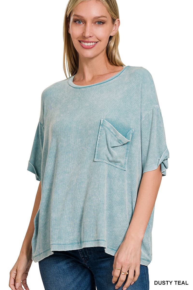 Washed Ribbed Cuffed Short Sleeve Round Neck Top
