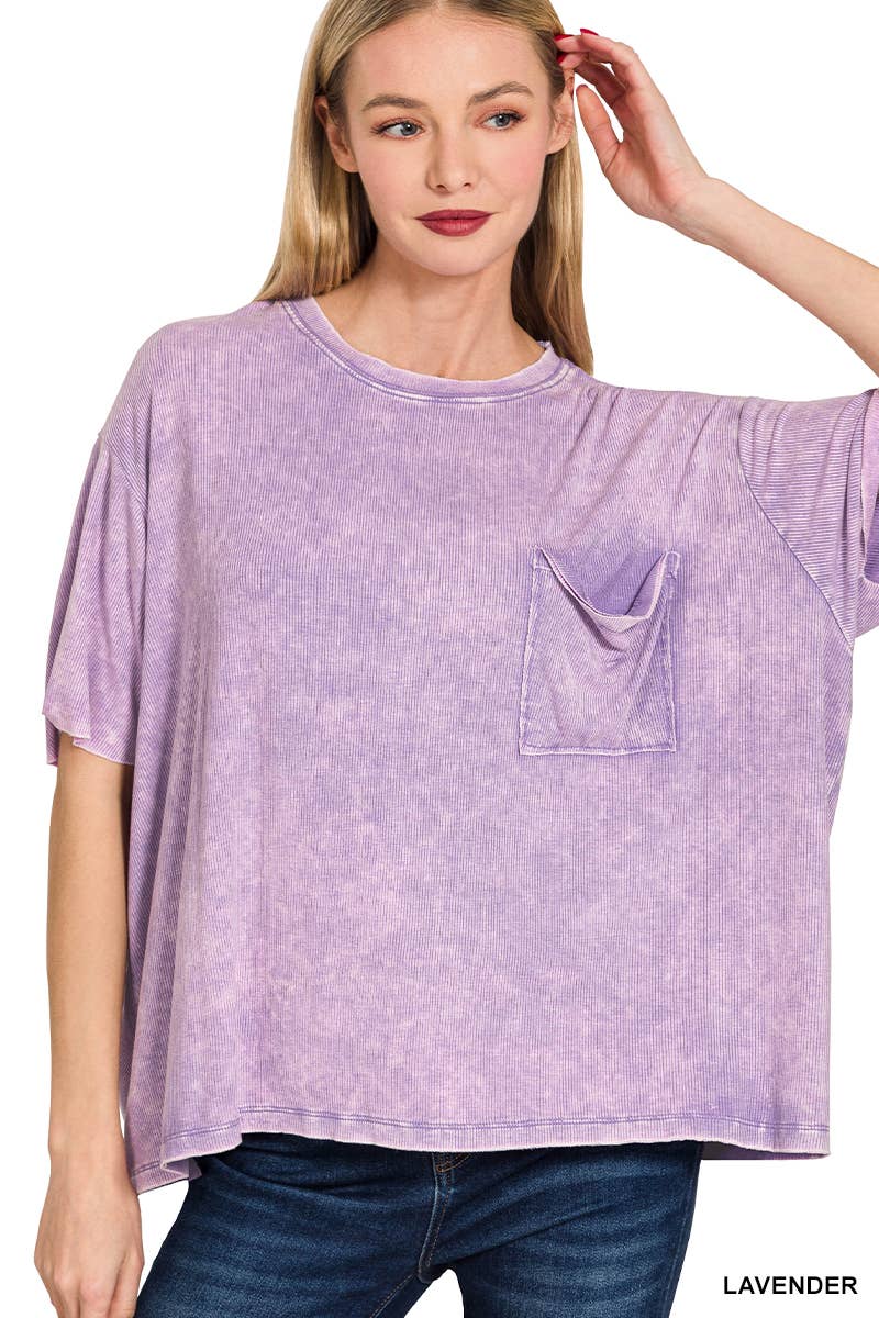 Washed Ribbed Cuffed Short Sleeve Round Neck Top