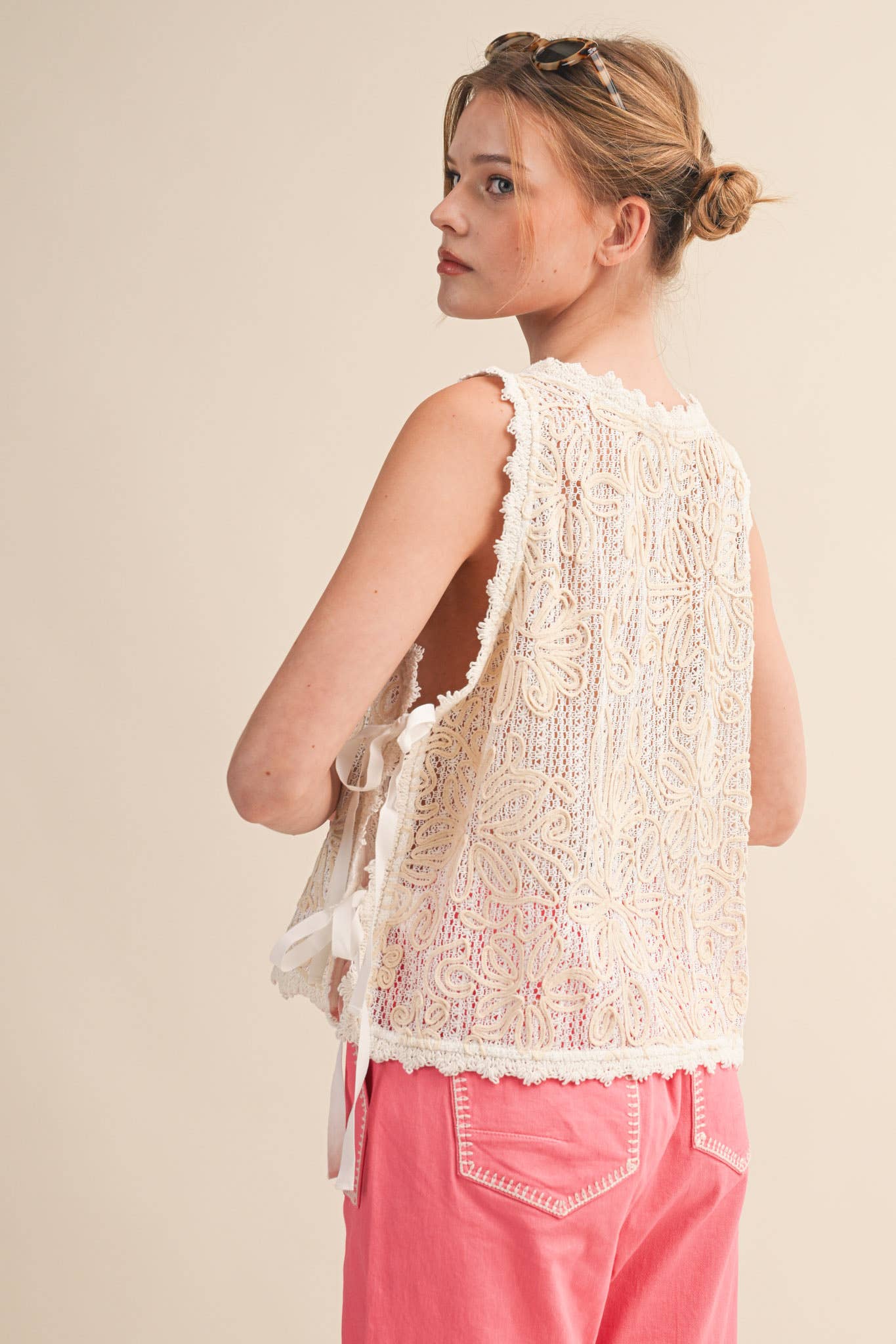FLORAL CROCHET TANK WITH SIDE TYING DETAIL