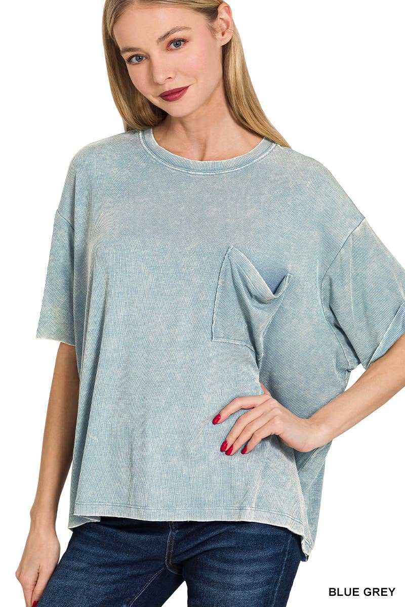 Washed Ribbed Cuffed Short Sleeve Round Neck Top