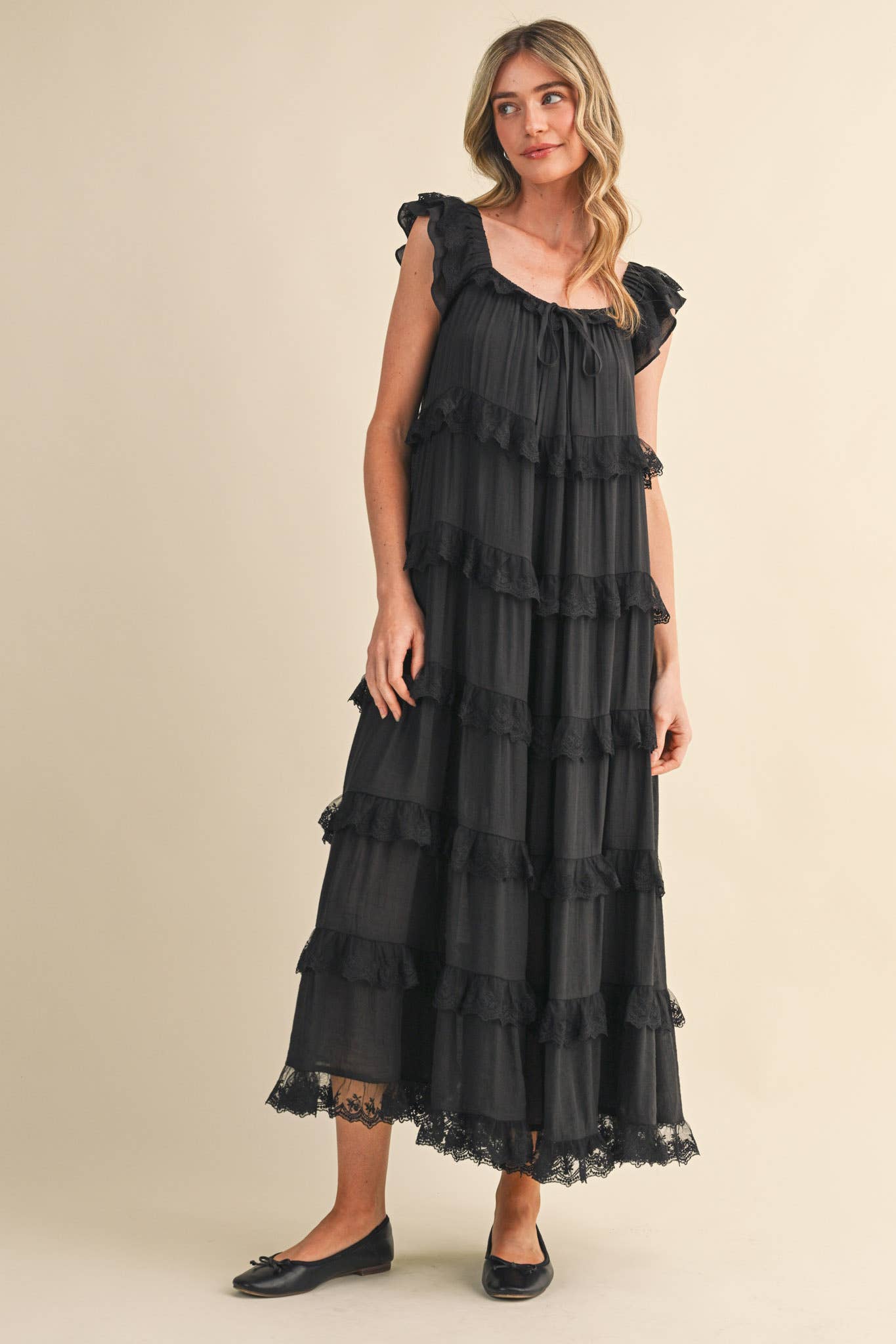 Tiered Lace Trim Maxi Dress
