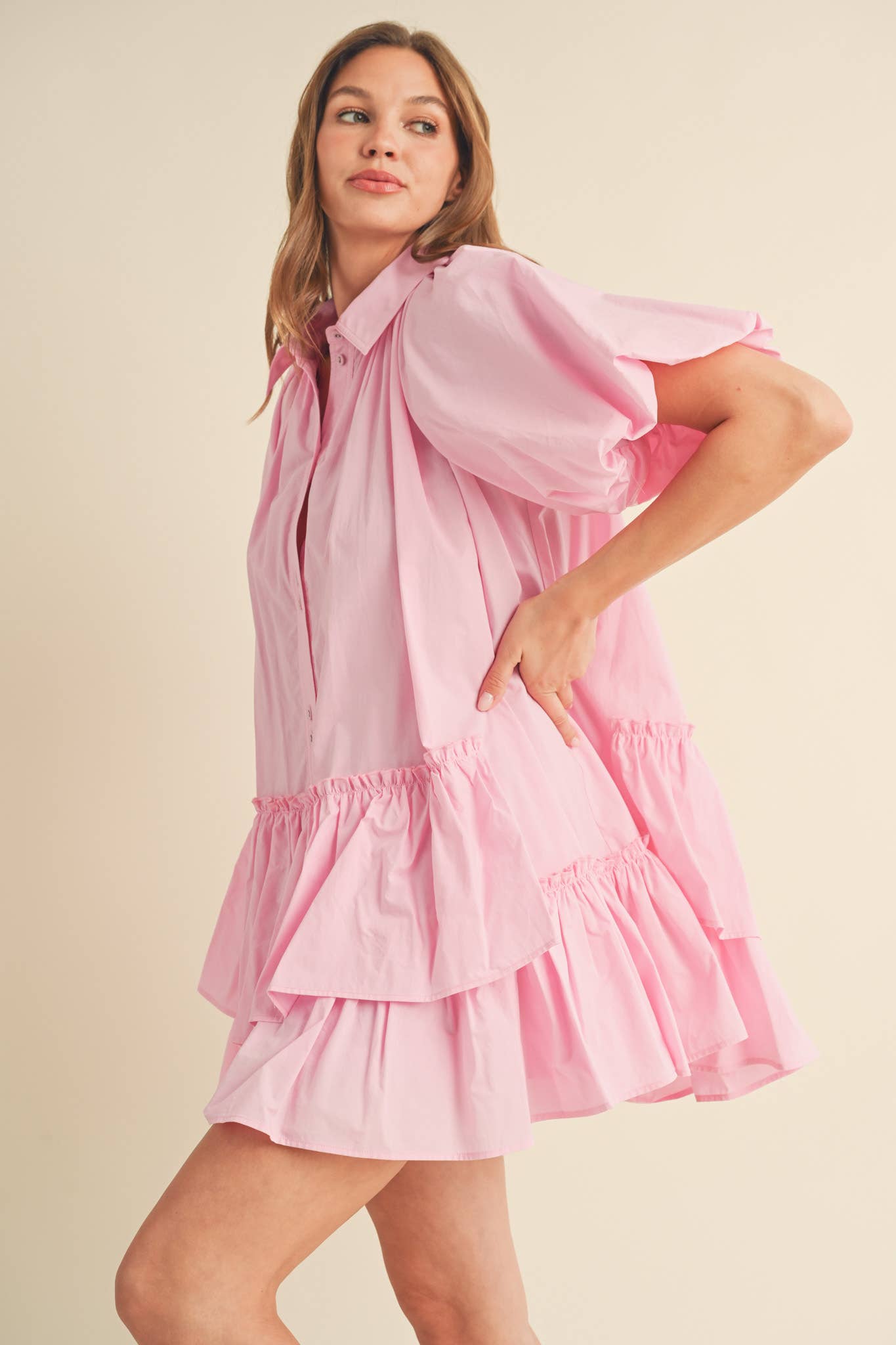Bubble Sleeve Button Down Babydoll Dress