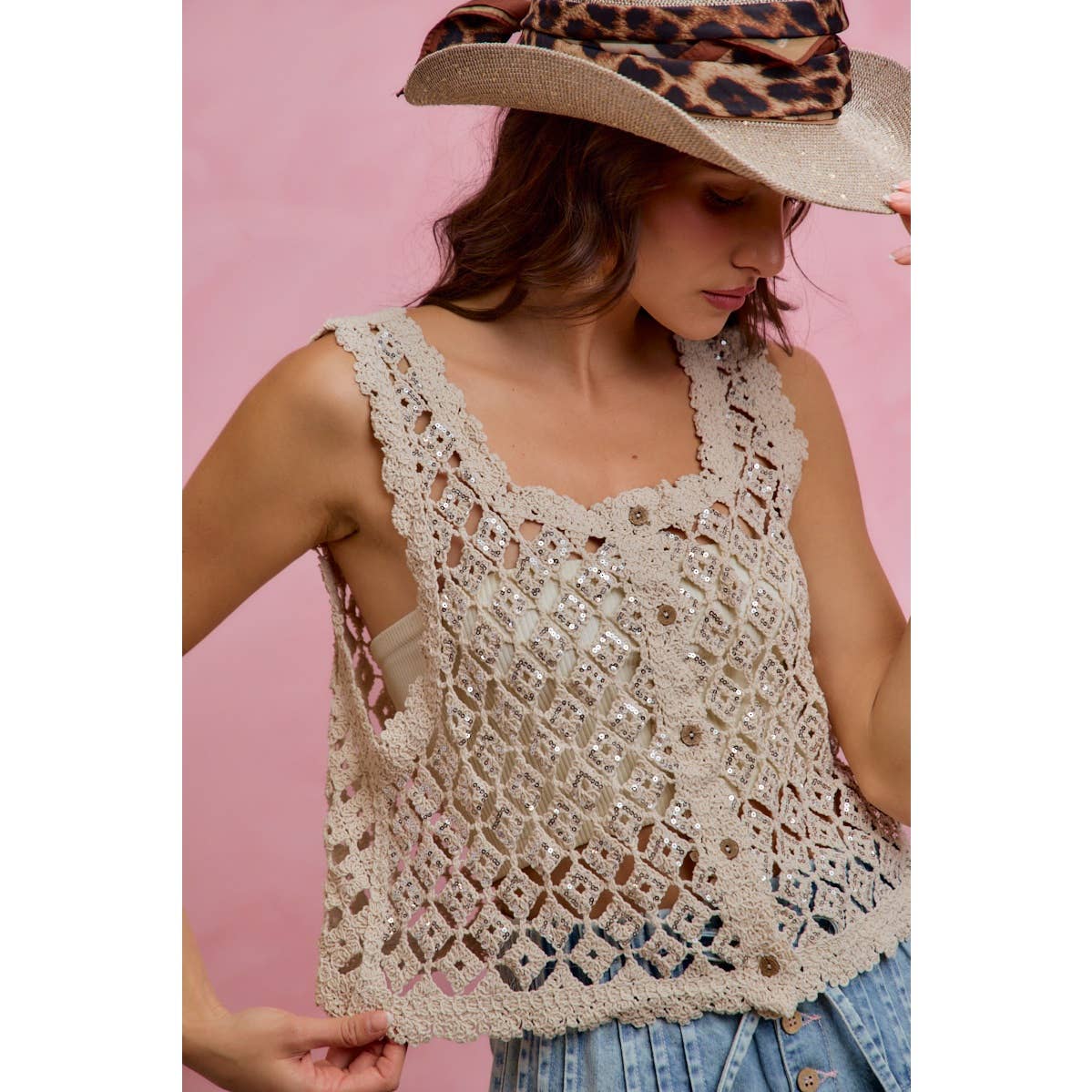 SEQUINS EMBELLISHED DIAMOND CROCHET LACE VEST TOP