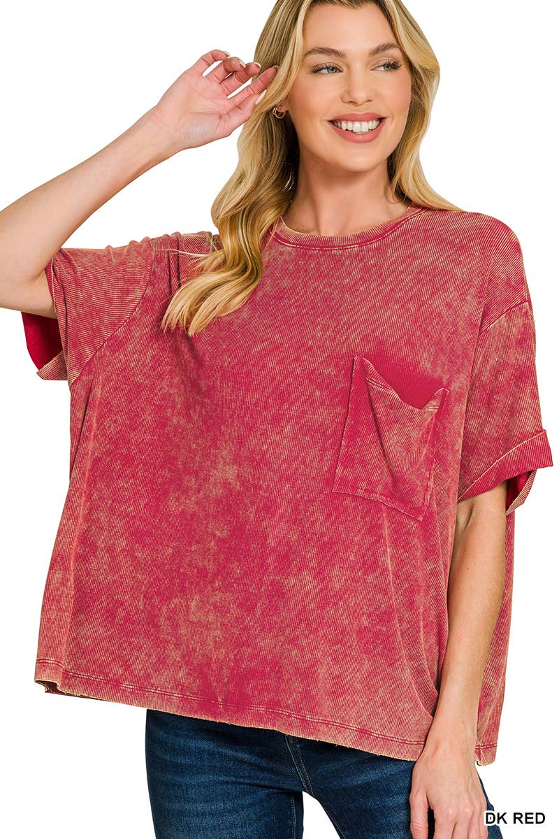 Washed Ribbed Cuffed Short Sleeve Round Neck Top