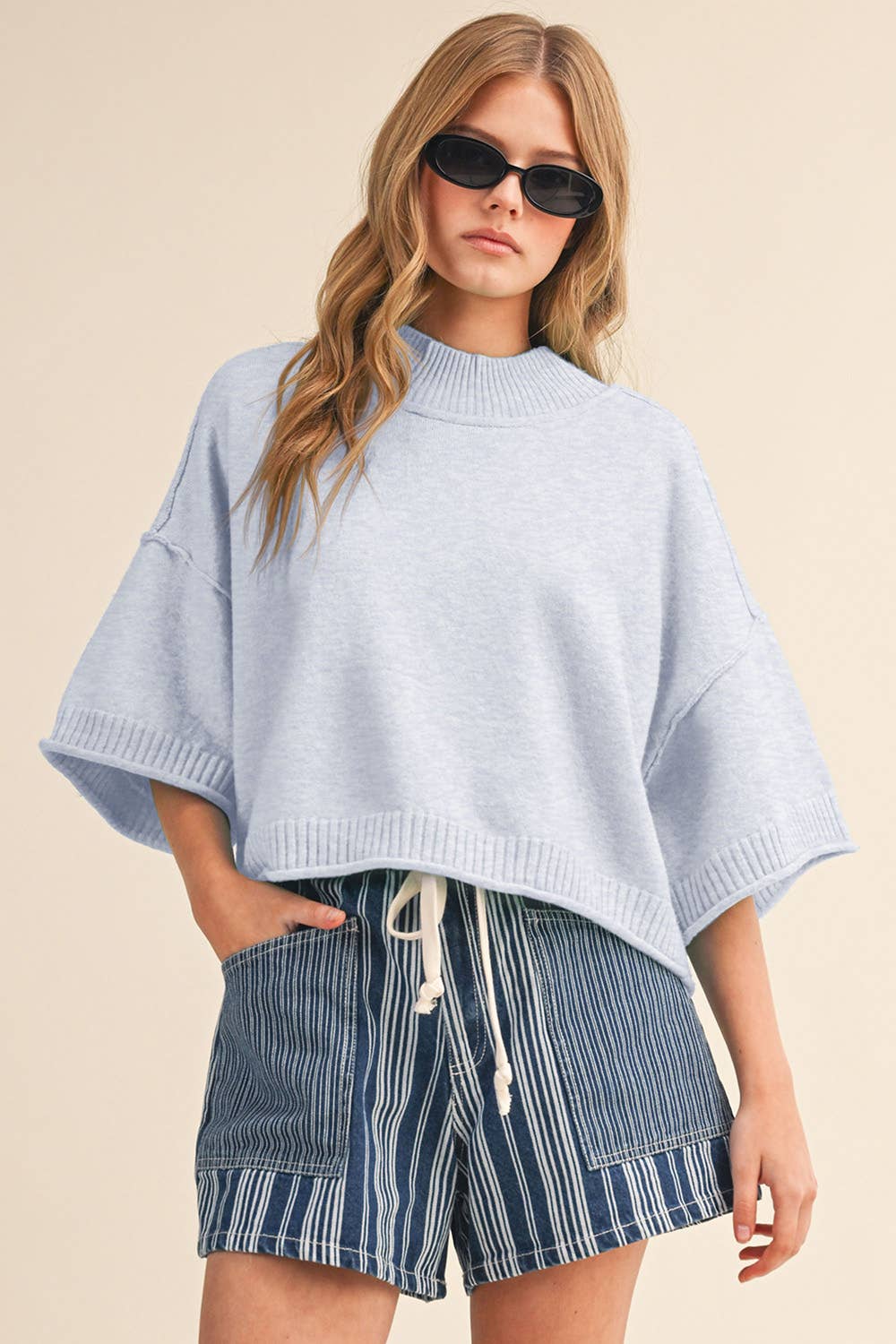 MARLED KNIT MOCK NECK SHORT SLEEVE SWEATER