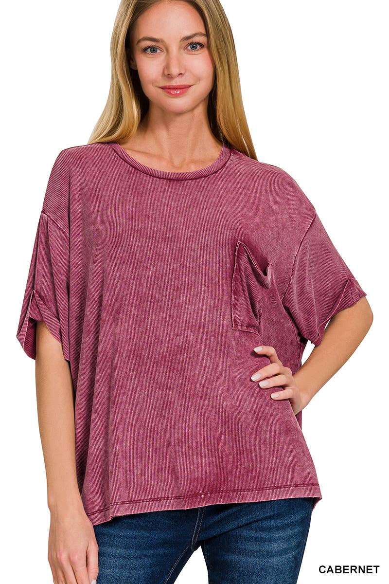 Washed Ribbed Cuffed Short Sleeve Round Neck Top