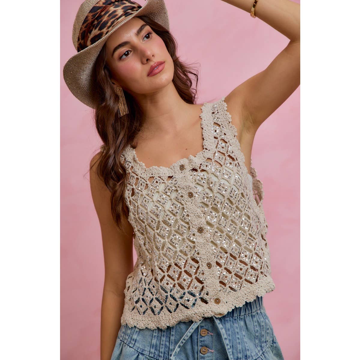 SEQUINS EMBELLISHED DIAMOND CROCHET LACE VEST TOP