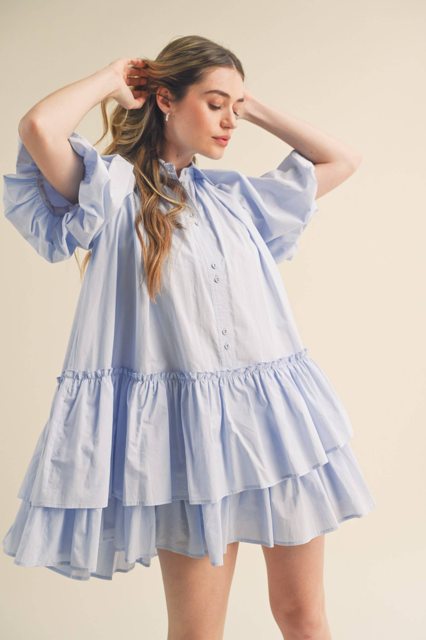 Bubble Sleeve Button Down Babydoll Dress