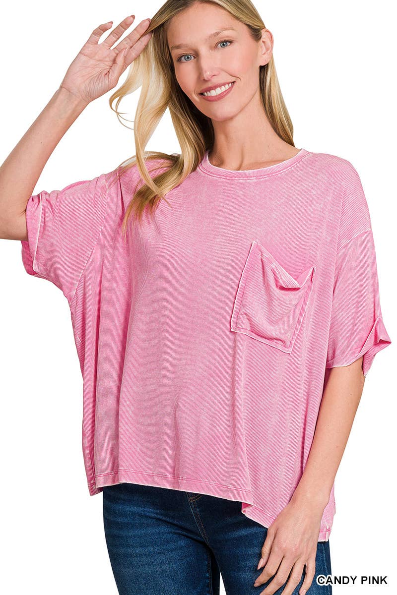 Washed Ribbed Cuffed Short Sleeve Round Neck Top